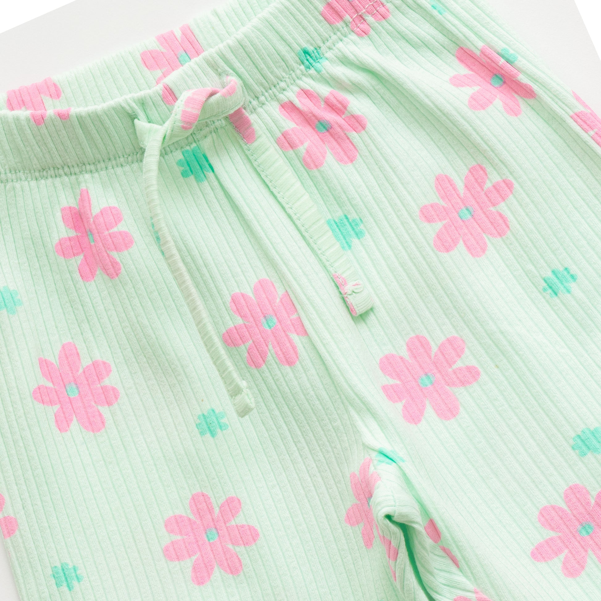 "Girls Mint Green Floral Nightwear Set – Ribbed Cotton Top & Pajama with Ruffle Trim"