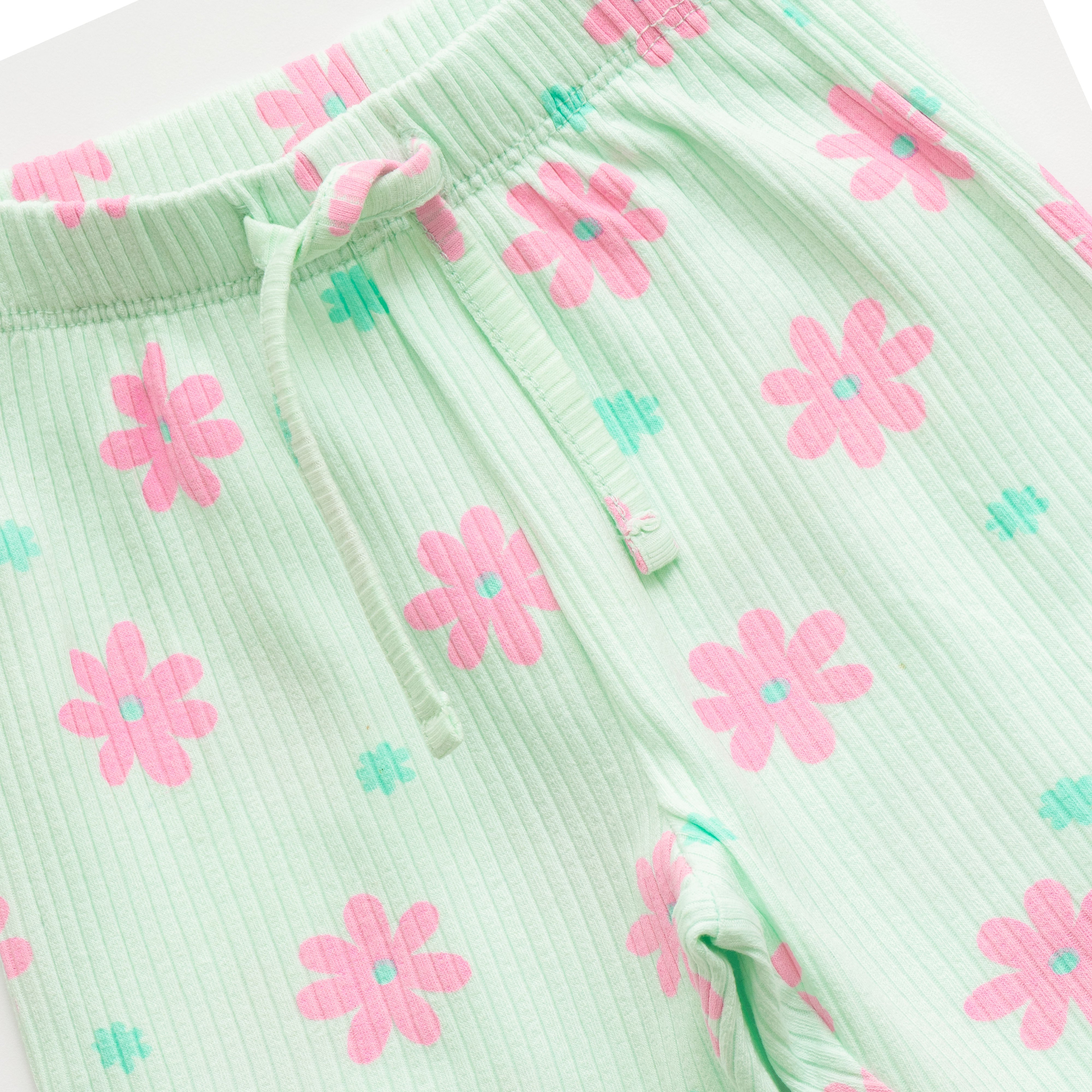 "Girls Mint Green Floral Nightwear Set – Ribbed Cotton Top & Pajama with Ruffle Trim"