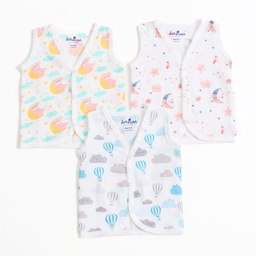 Baby Unisex Muslin Sleeveless Front Open Jabla Pack of 3