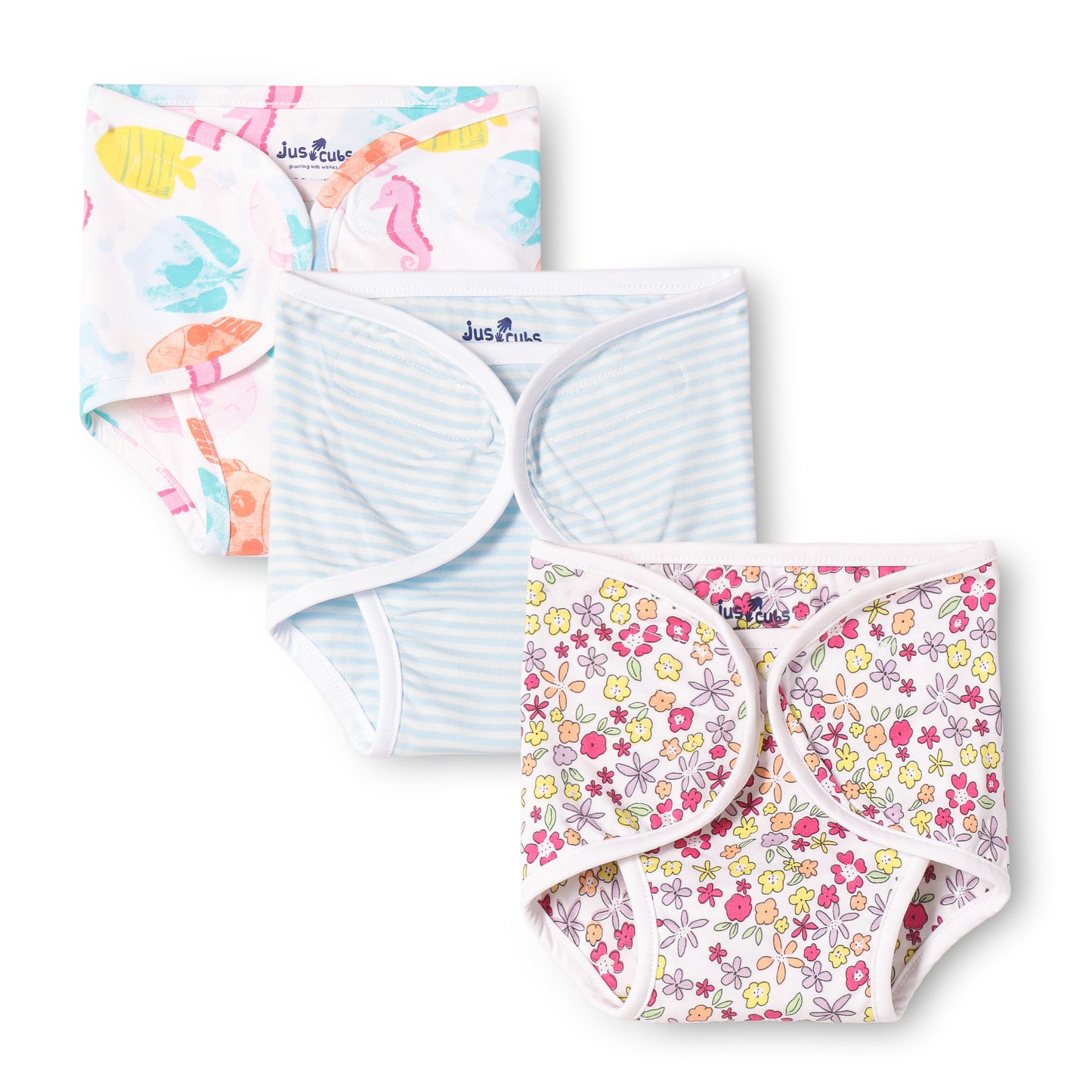 "Baby Cotton Adjustable Nappies – Floral, Stripes & Sea Print (Pack of 3)"