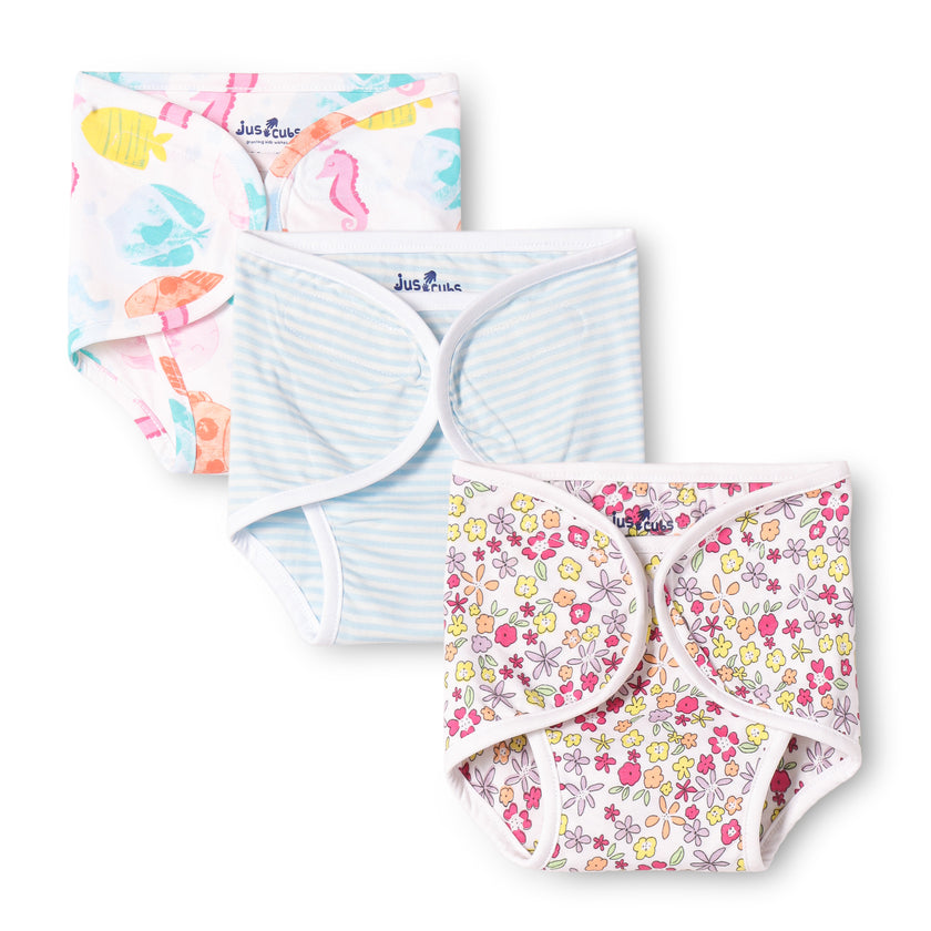 "Baby Cotton Adjustable Nappies – Floral, Stripes & Sea Print (Pack of 3)"