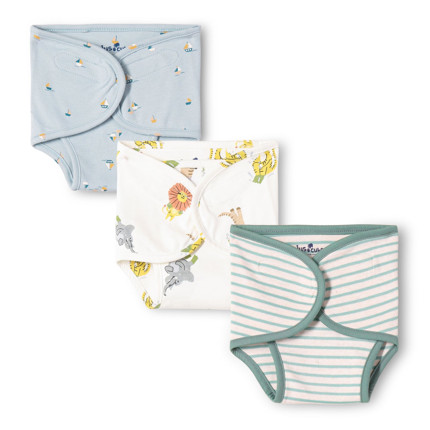 "Baby Cotton Adjustable Nappy Diapers – Safari Animal & Stripe Print Set of 3"