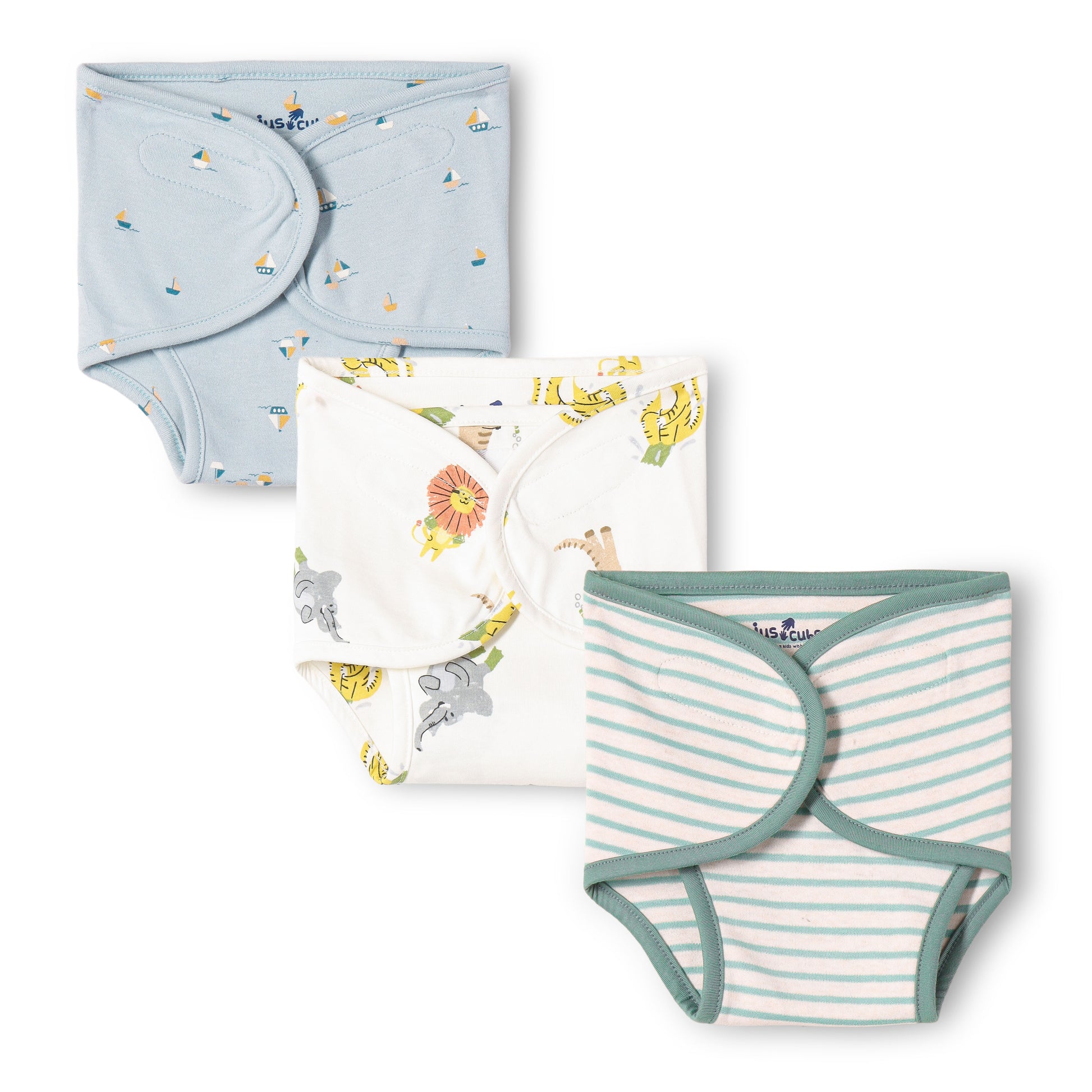 "Baby Cotton Adjustable Nappy Diapers – Safari Animal & Stripe Print Set of 3"
