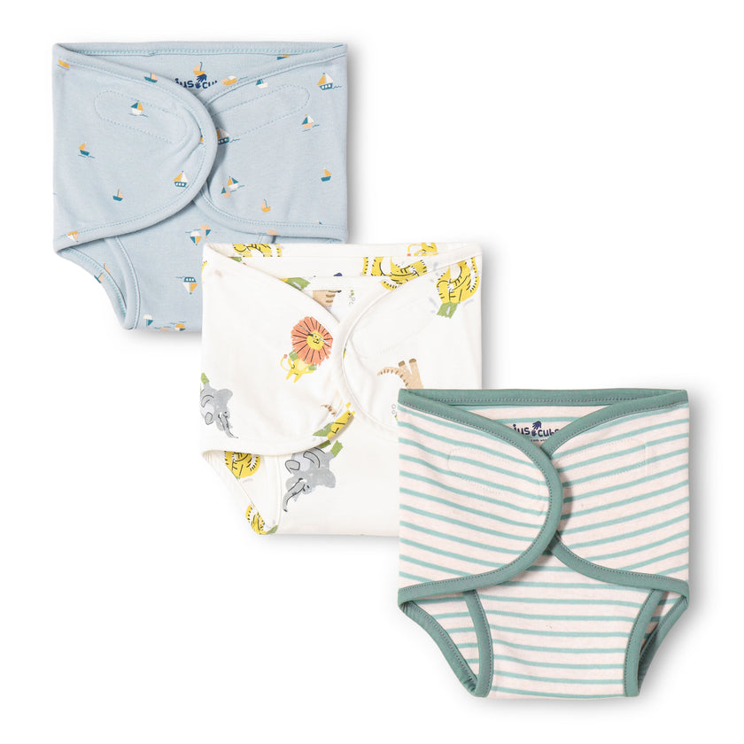 "Baby Cotton Adjustable Nappy Diapers – Safari Animal & Stripe Print Set of 3"