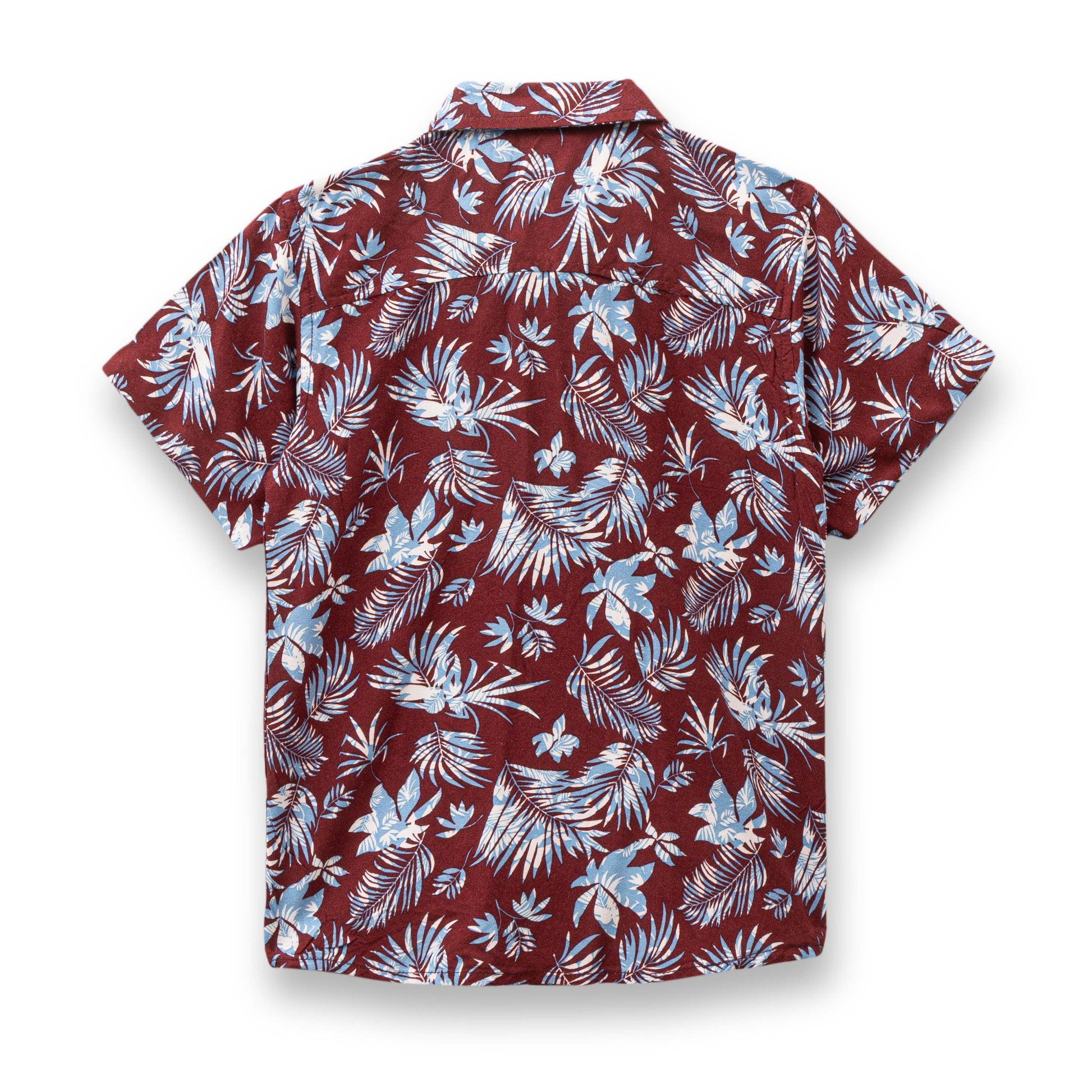 "Boys' Short Sleeve Tropical Print Button-Up Shirt – Maroon & Blue Floral Pattern"
