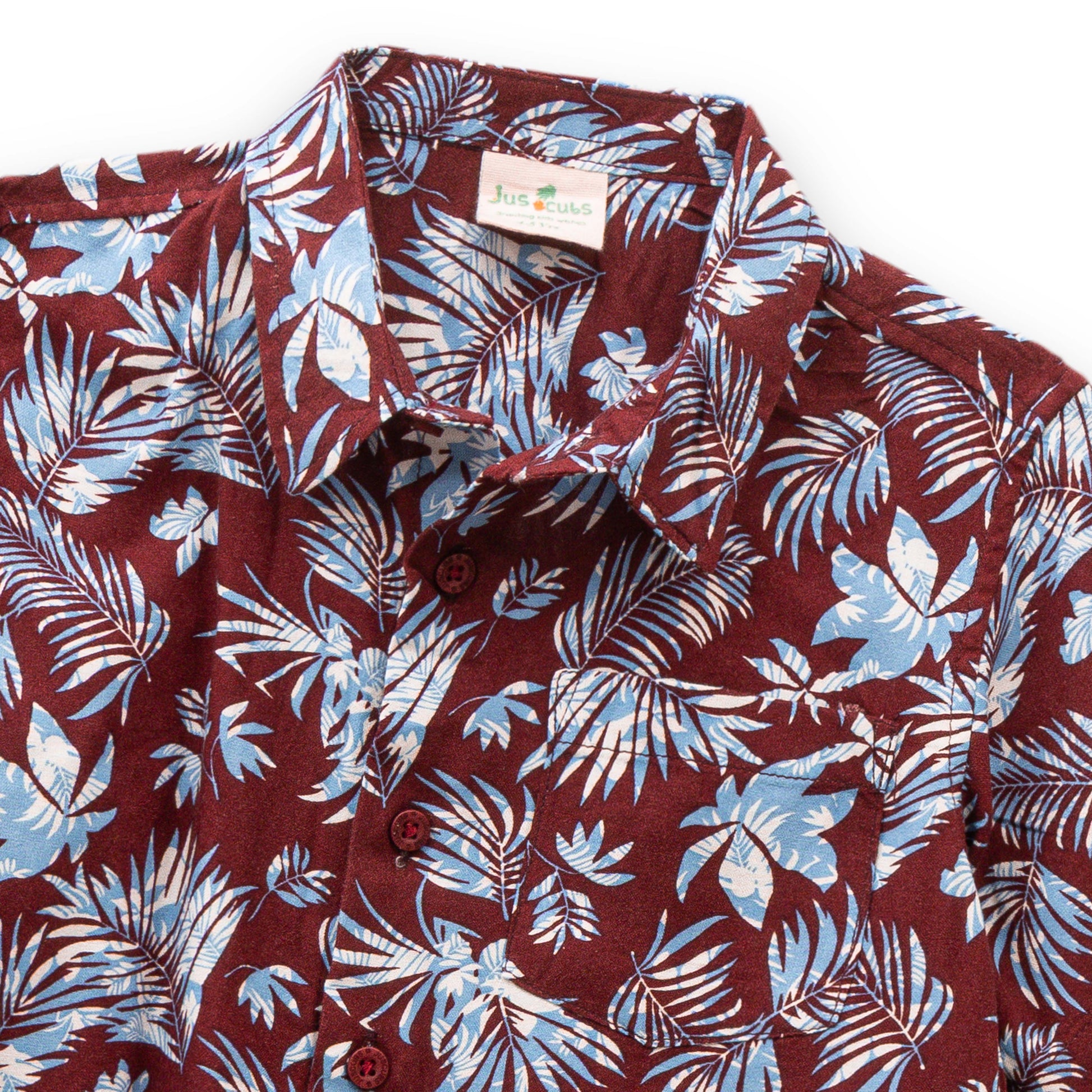"Boys' Short Sleeve Tropical Print Button-Up Shirt – Maroon & Blue Floral Pattern"