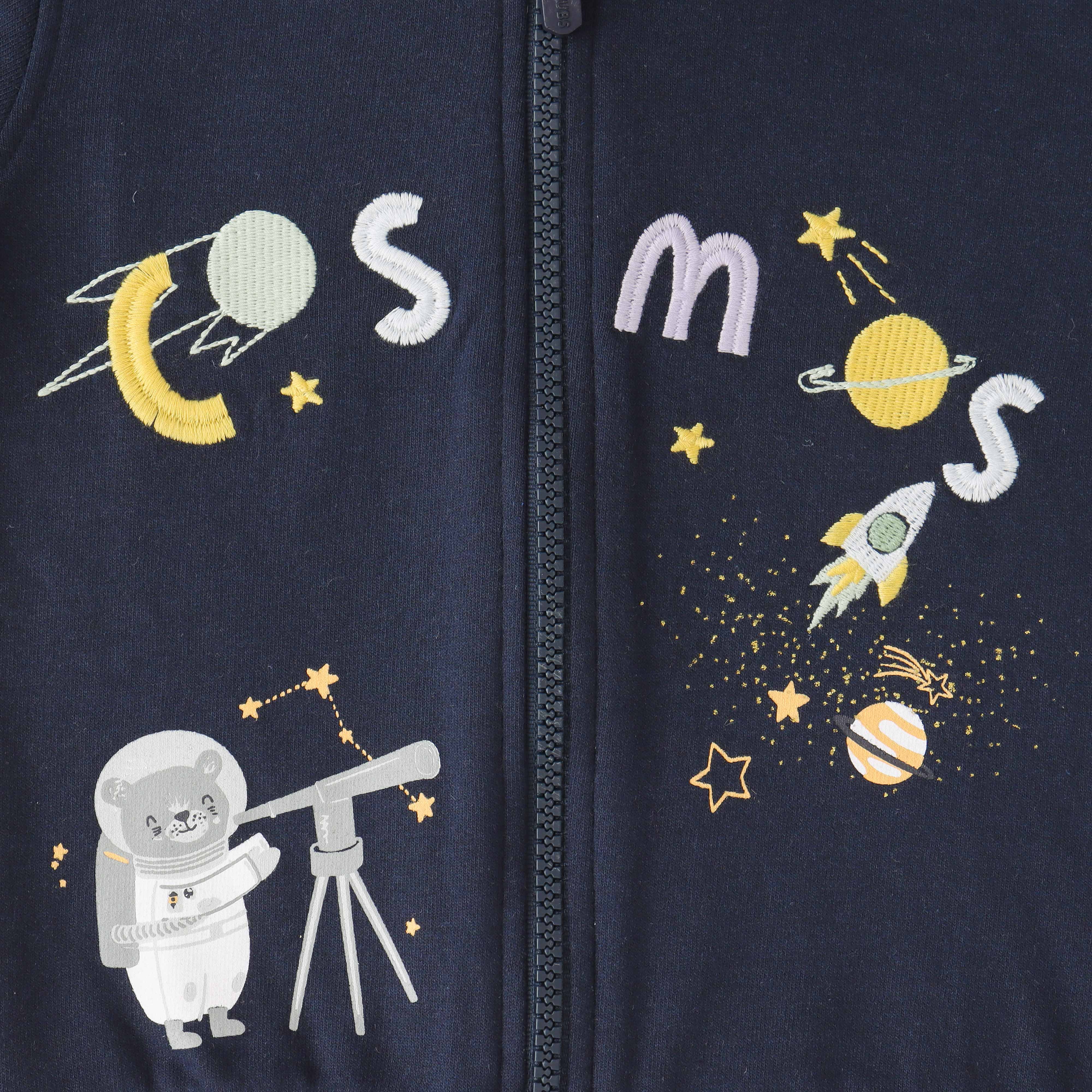 Boys' Fleece-Lined Space-Themed Hoodie – Cozy Zip-Up Jacket with Astronaut & Planet Design - Navy