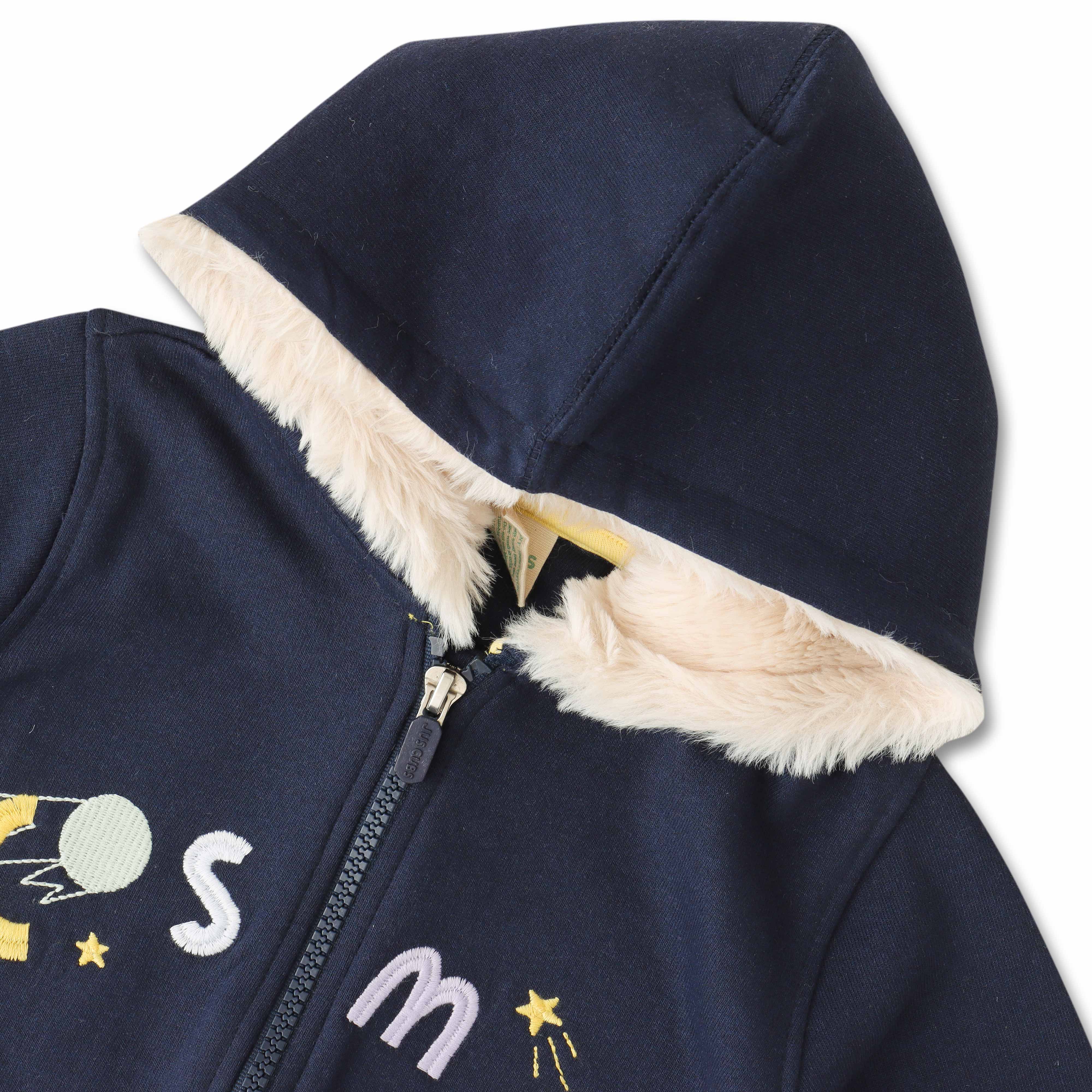 Boys' Fleece-Lined Space-Themed Hoodie – Cozy Zip-Up Jacket with Astronaut & Planet Design - Navy