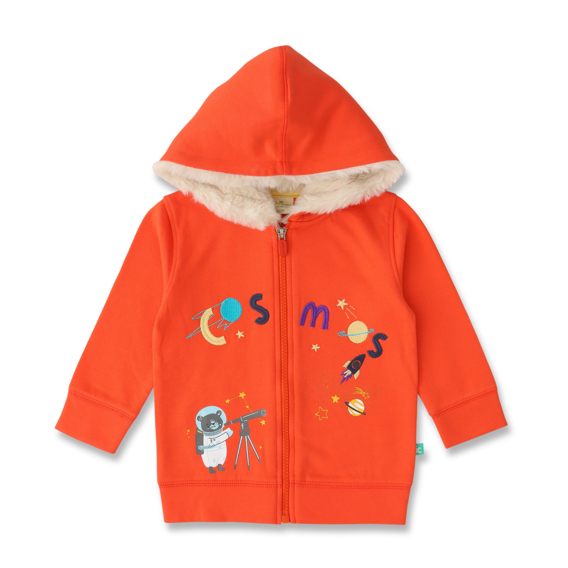 Boys' Fleece-Lined Space-Themed Hoodie – Cozy Zip-Up Jacket with Astronaut & Planet Design - Orange