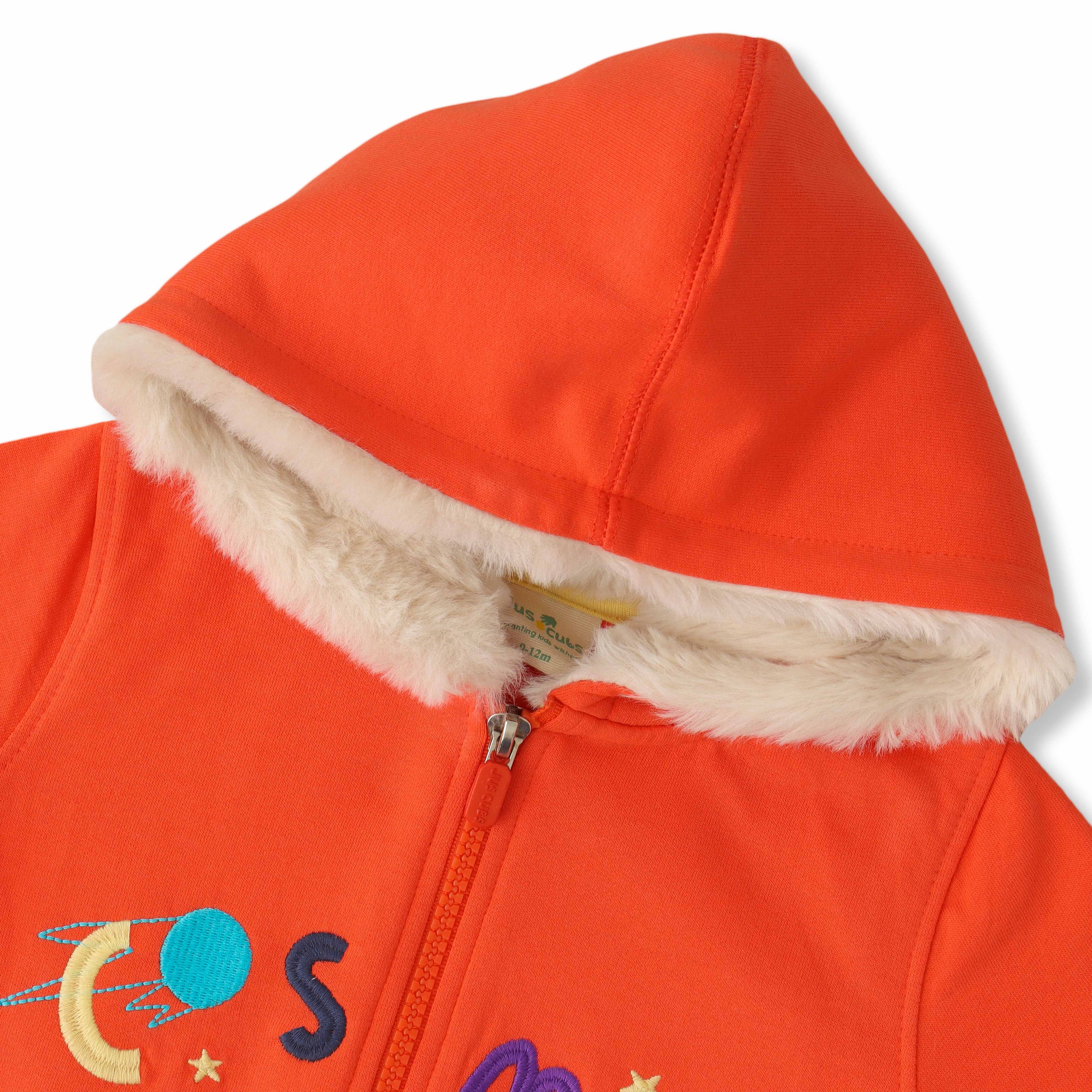 Boys' Fleece-Lined Space-Themed Hoodie – Cozy Zip-Up Jacket with Astronaut & Planet Design - Orange