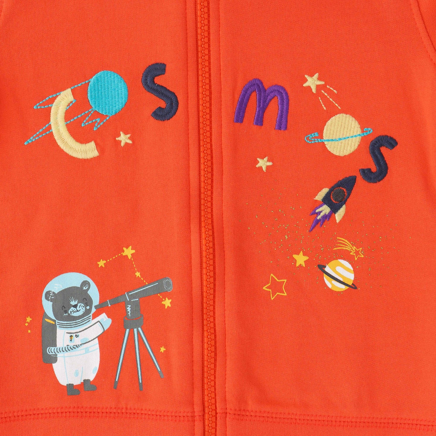 Boys' Fleece-Lined Space-Themed Hoodie – Cozy Zip-Up Jacket with Astronaut & Planet Design - Orange
