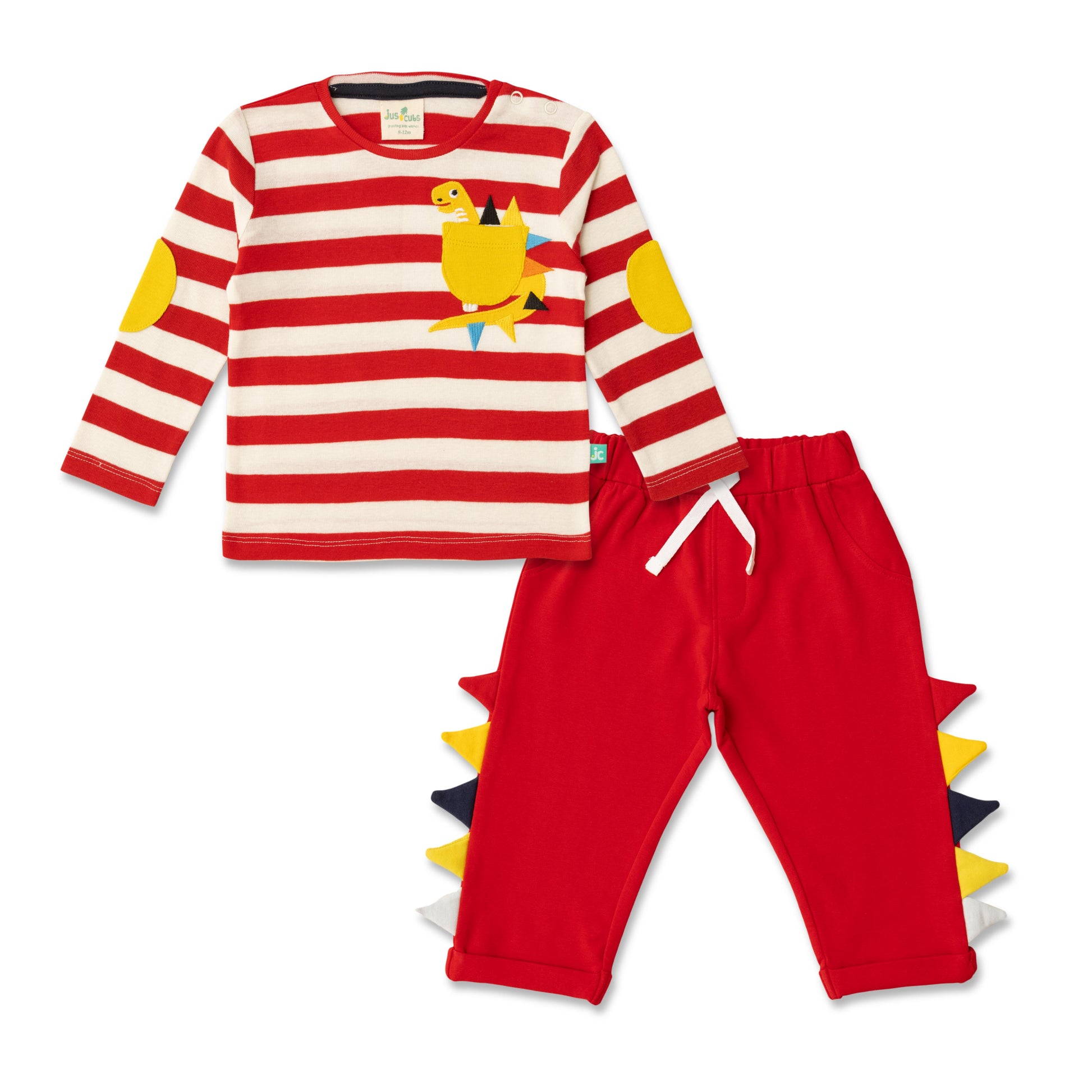 Baby Boys Dinosaur Stripe T-shirt and Spiked Joggers Set – Red & White
