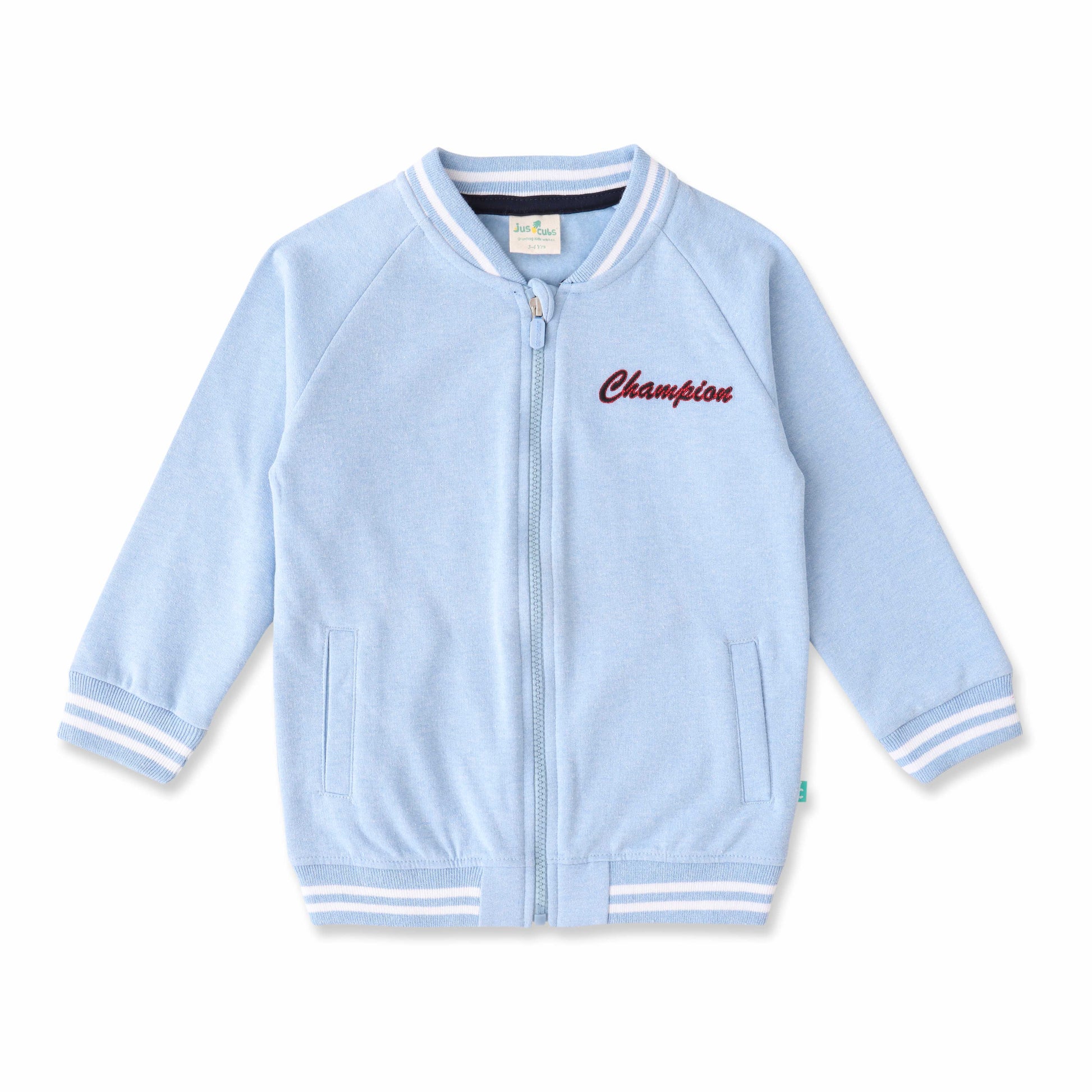 Boys' Blue Varsity Zip-Up Jacket – Stylish Sportswear with Striped Trim