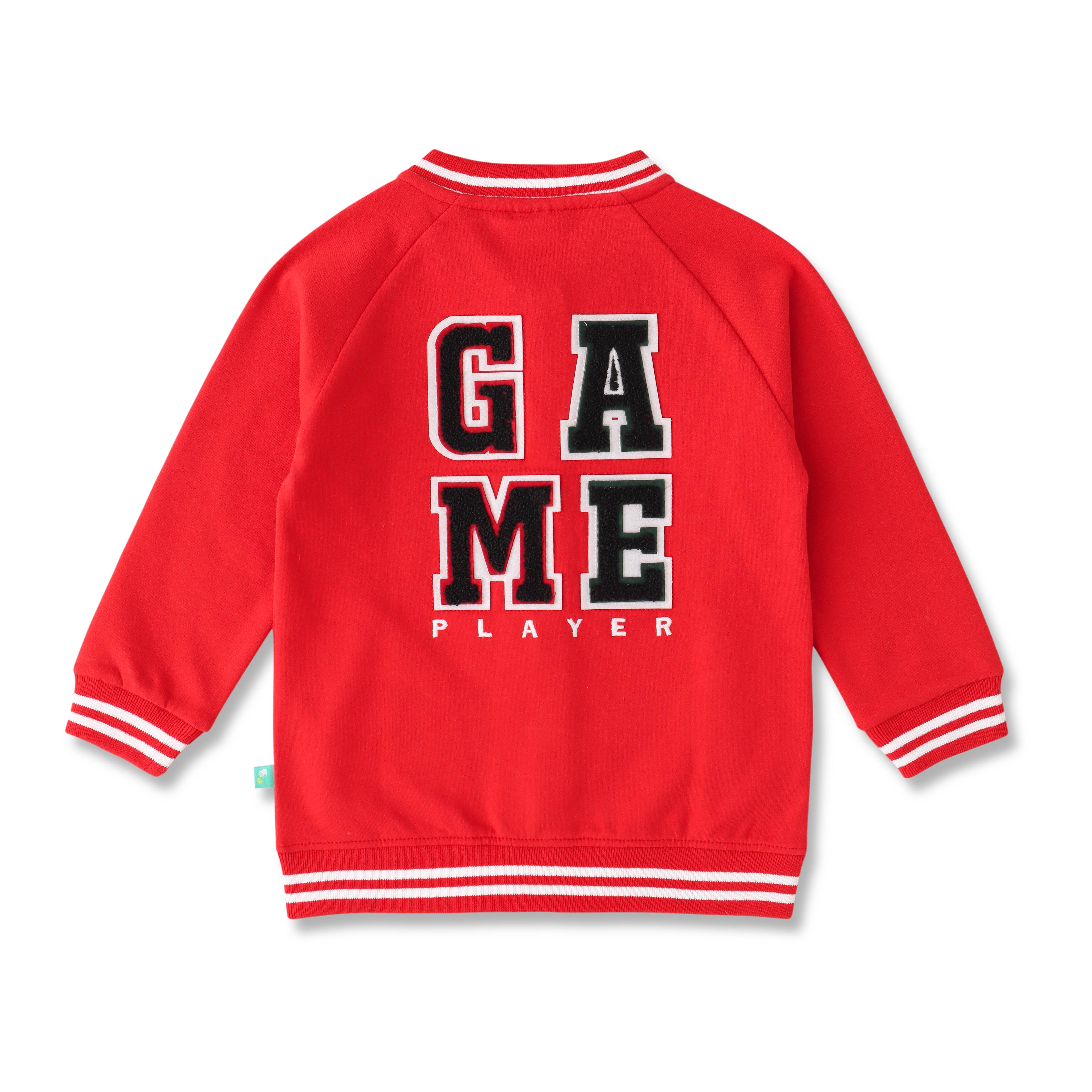 Boys' Red Varsity Zip-Up Jacket – Stylish Sportswear with Striped Trim