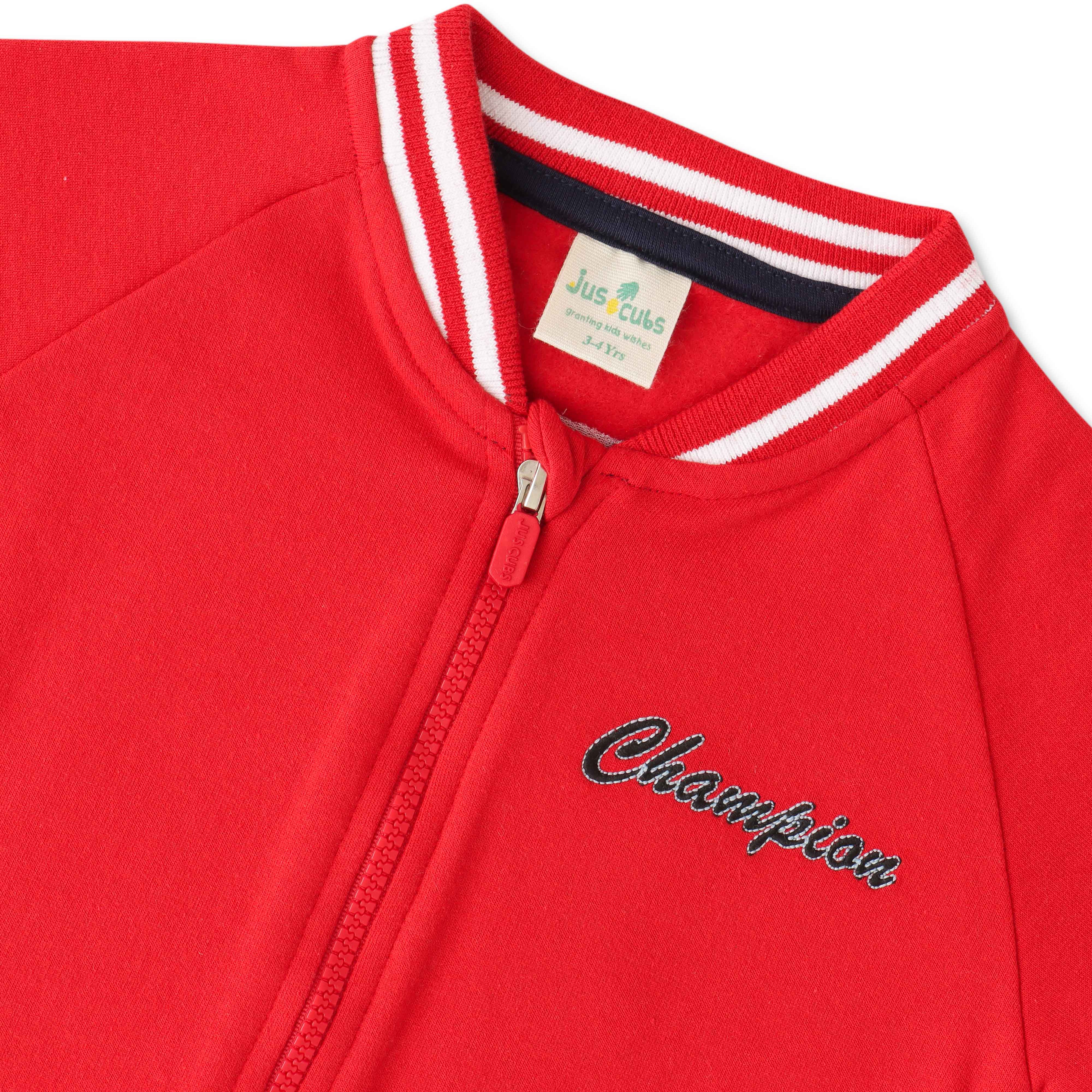 Boys' Red Varsity Zip-Up Jacket – Stylish Sportswear with Striped Trim