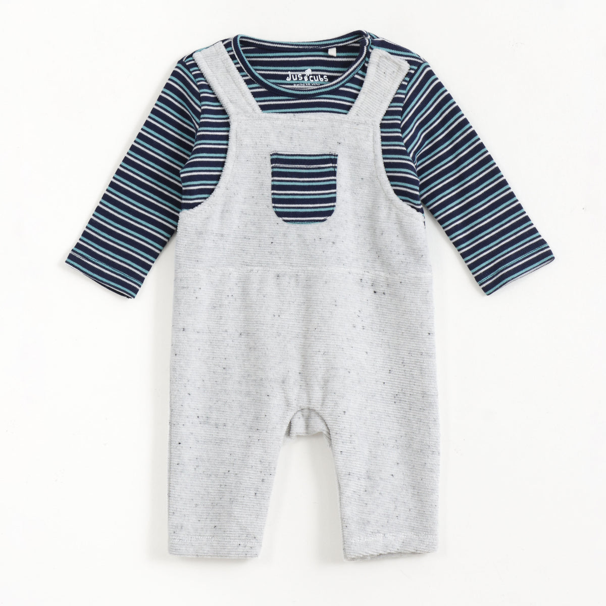JusCubs Baby Boys Navy Blue Striped Full Sleeve T-Shirt with Grey Dungaree Romper Set