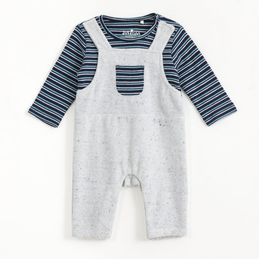 JusCubs Baby Boys Navy Blue Striped Full Sleeve T-Shirt with Grey Dungaree Romper Set
