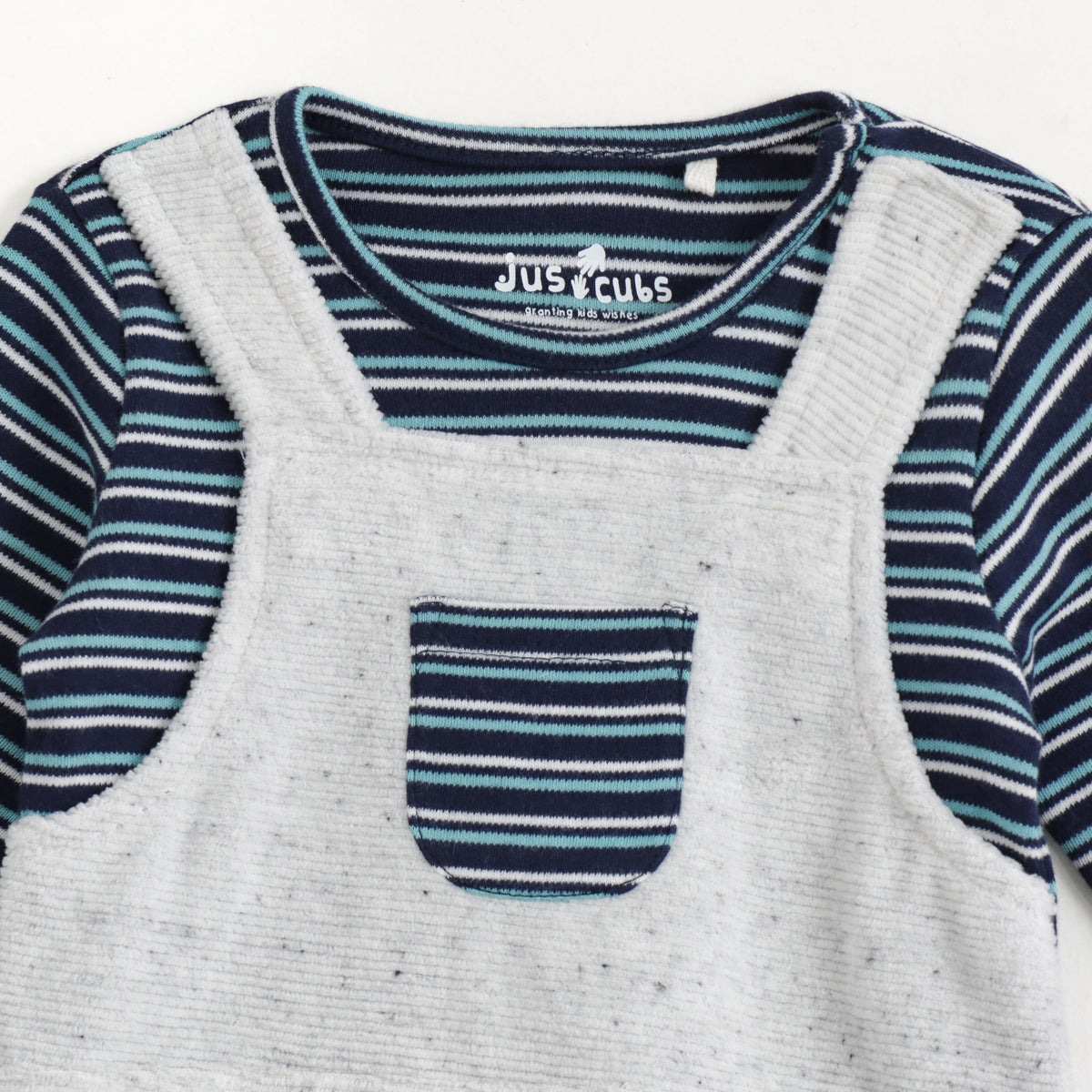 JusCubs Baby Boys Navy Blue Striped Full Sleeve T-Shirt with Grey Dungaree Romper Set