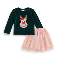 JusCubs Girls Reindeer Applique Top with Pink Tulle Skirt Party Wear Set - Green