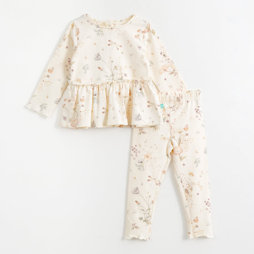JusCubs Girls Floral Print Peplum Top with Matching Leggings Set - Offwhite
