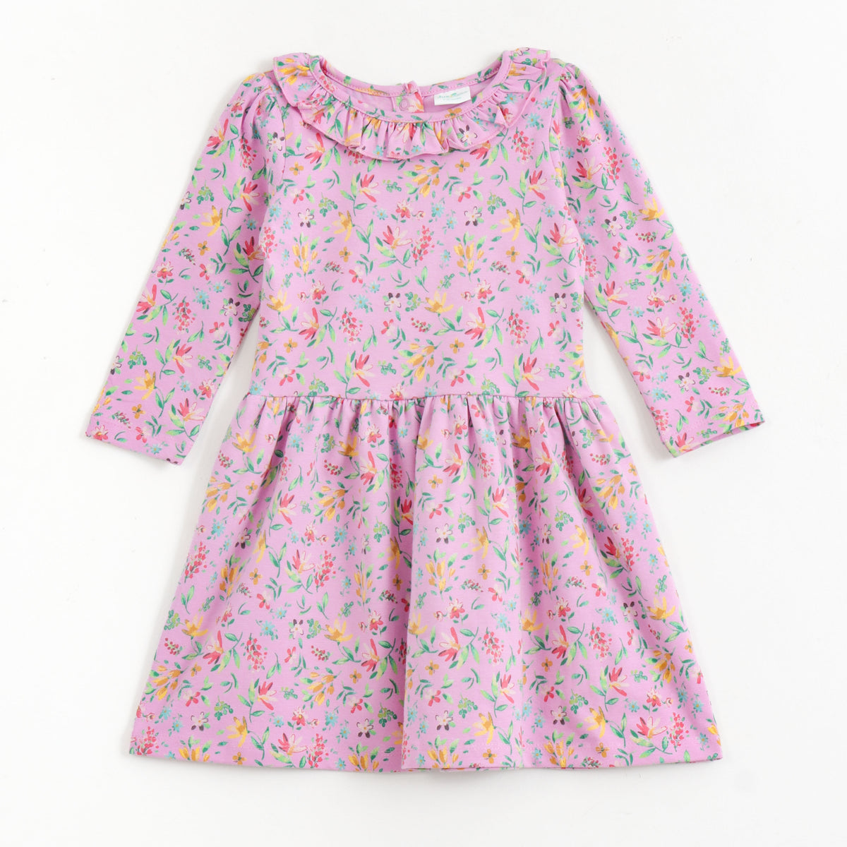 JusCubs Girls Floral Print Full Sleeve Ruffle Neck Dress - Pink