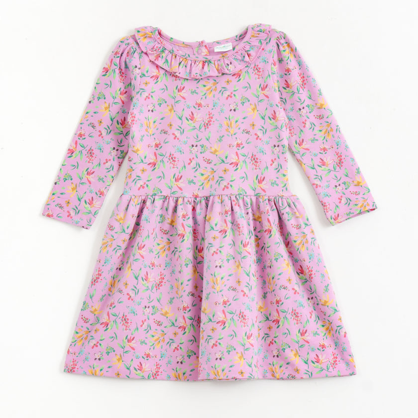 JusCubs Girls Floral Print Full Sleeve Ruffle Neck Dress - Pink