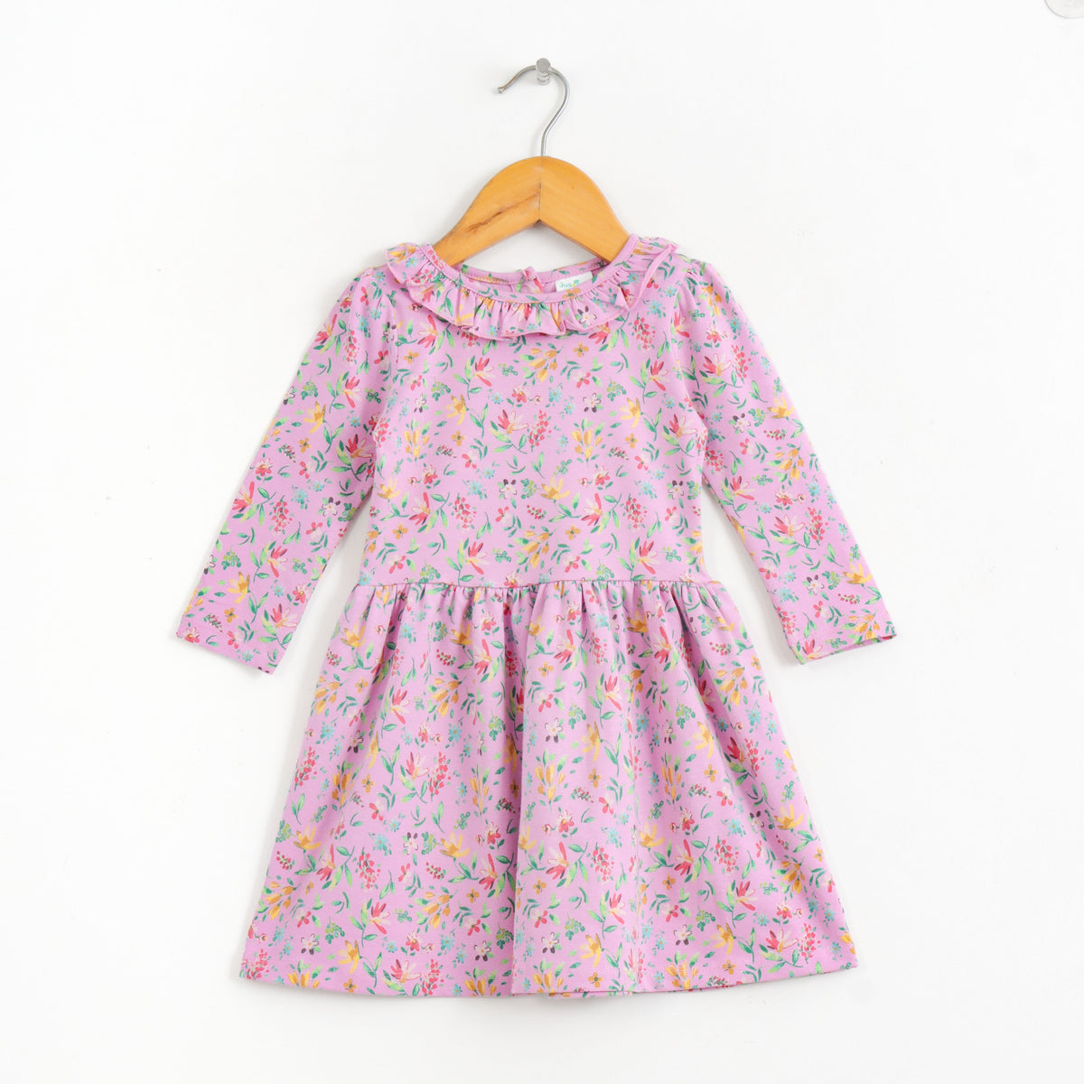 JusCubs Girls Floral Print Full Sleeve Ruffle Neck Dress - Pink