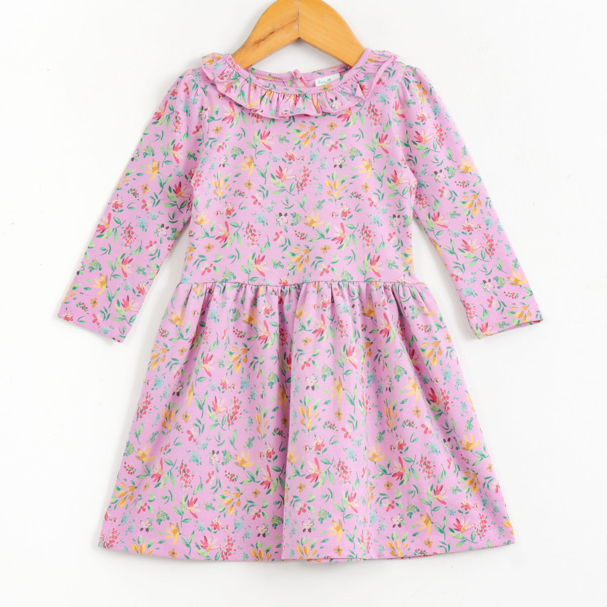 JusCubs Girls Floral Print Full Sleeve Ruffle Neck Dress - Pink