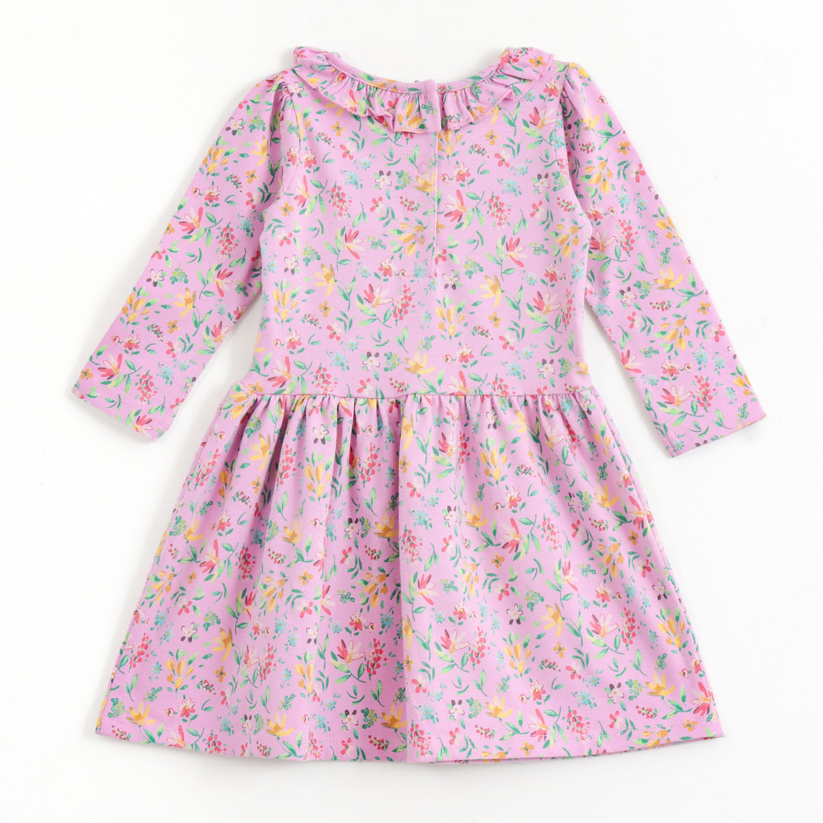 JusCubs Girls Floral Print Full Sleeve Ruffle Neck Dress - Pink