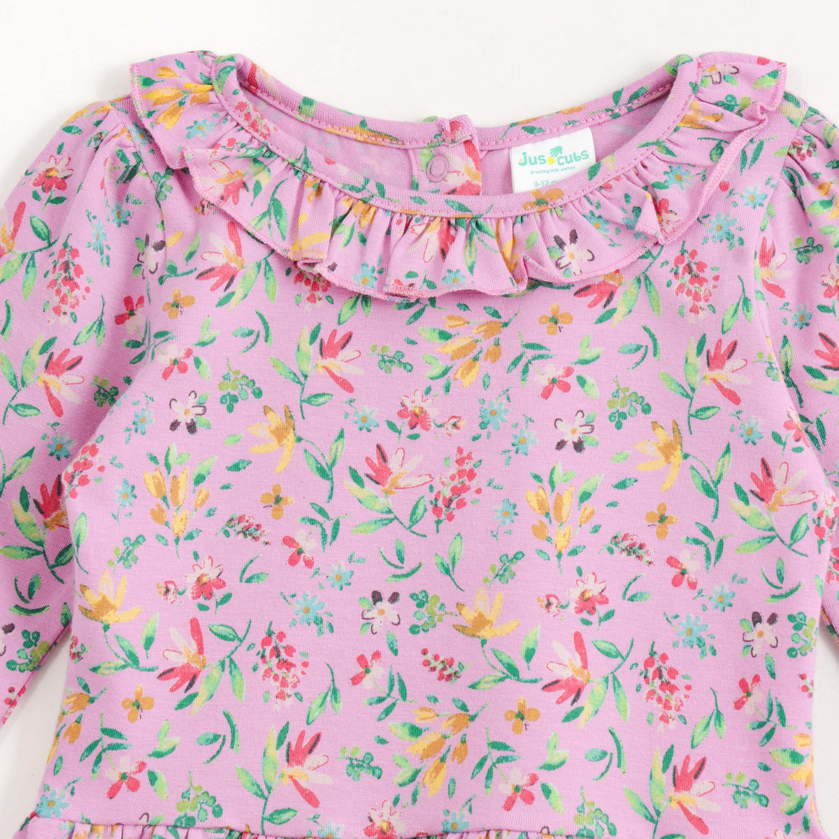 JusCubs Girls Floral Print Full Sleeve Ruffle Neck Dress - Pink