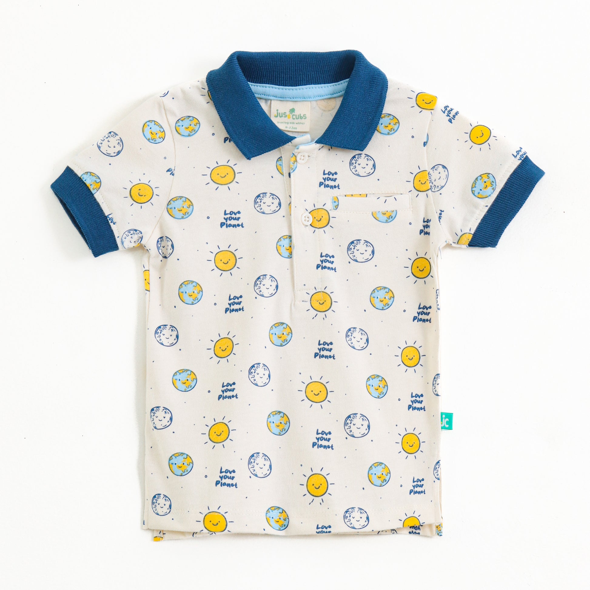 Boys Cream Space Print Cotton Polo T-Shirt with Blue Collar"