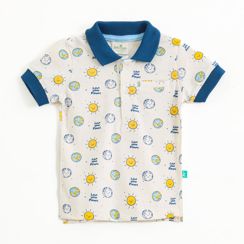 Boys Cream Space Print Cotton Polo T-Shirt with Blue Collar"