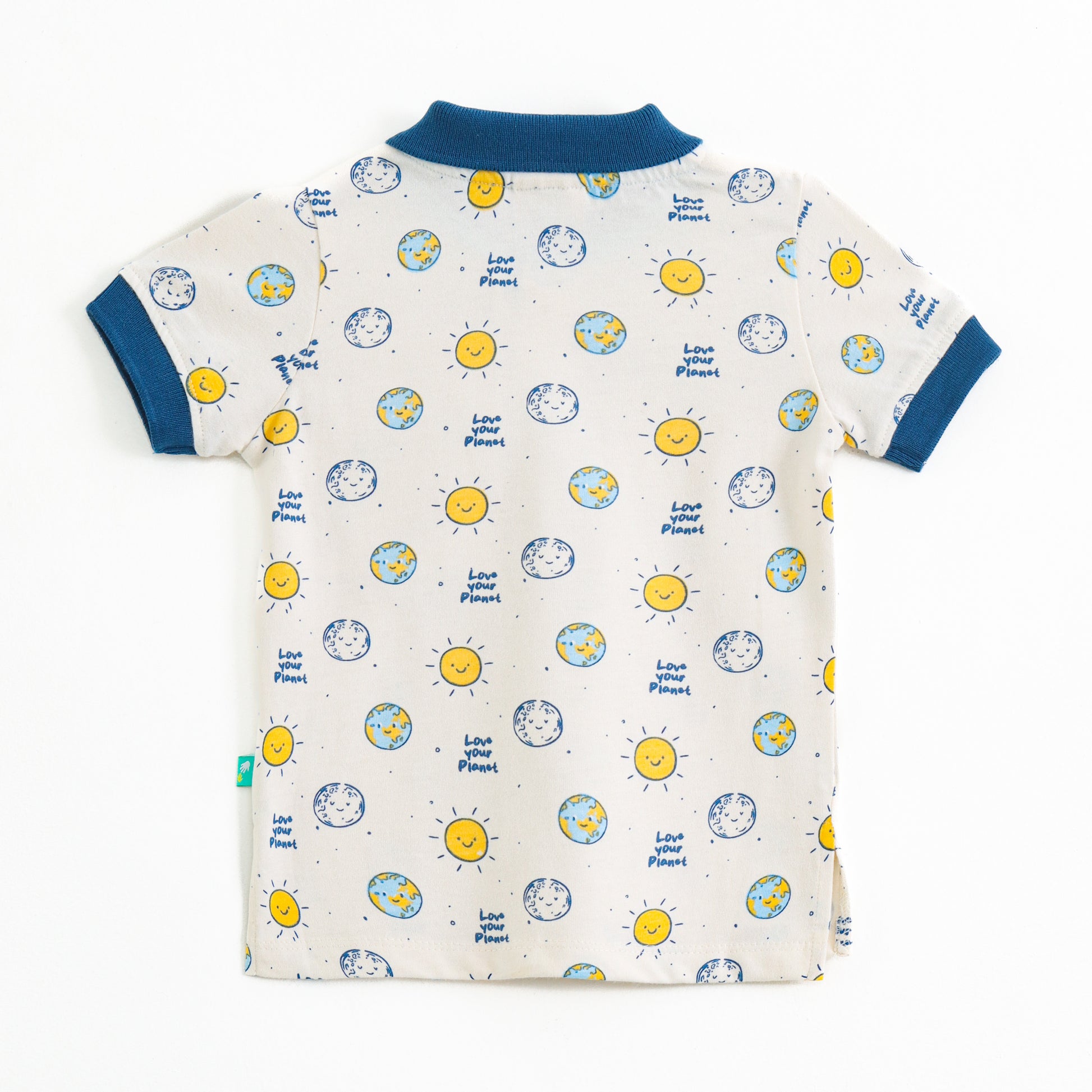 Boys Cream Space Print Cotton Polo T-Shirt with Blue Collar"