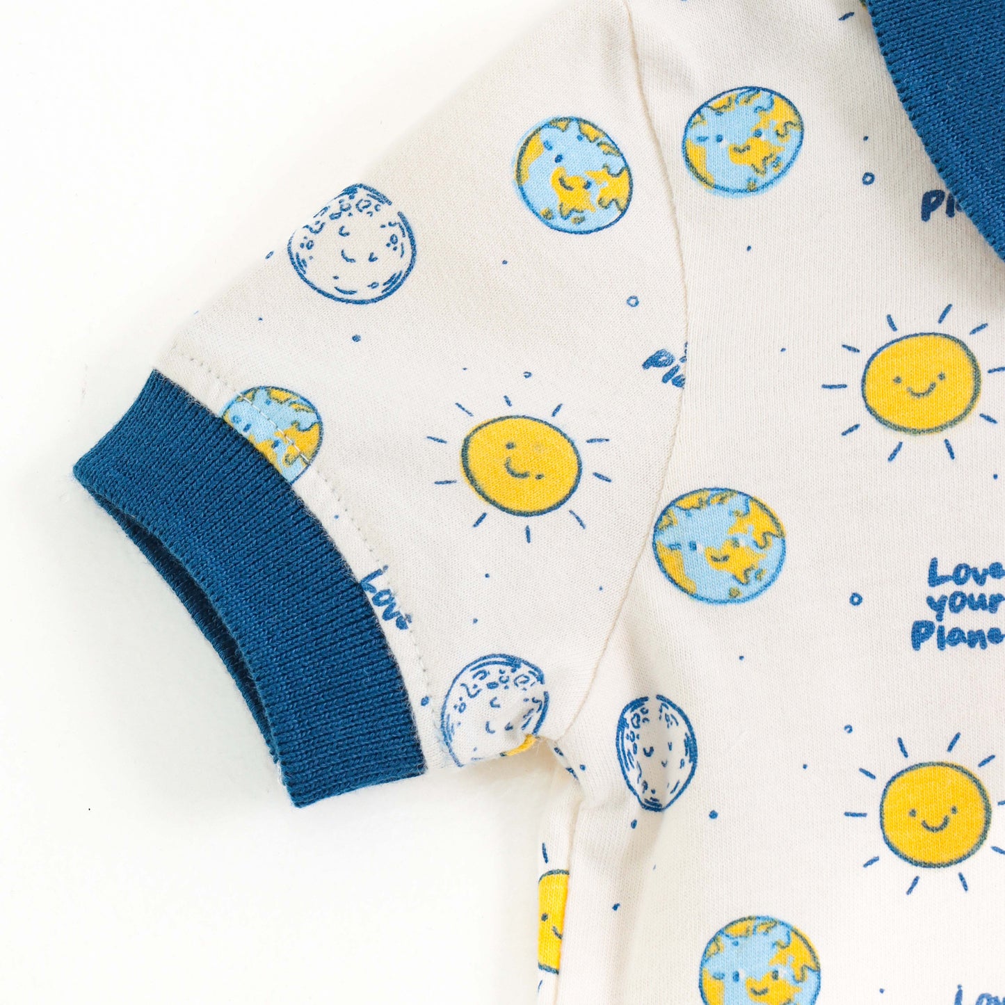 Boys Cream Space Print Cotton Polo T-Shirt with Blue Collar"