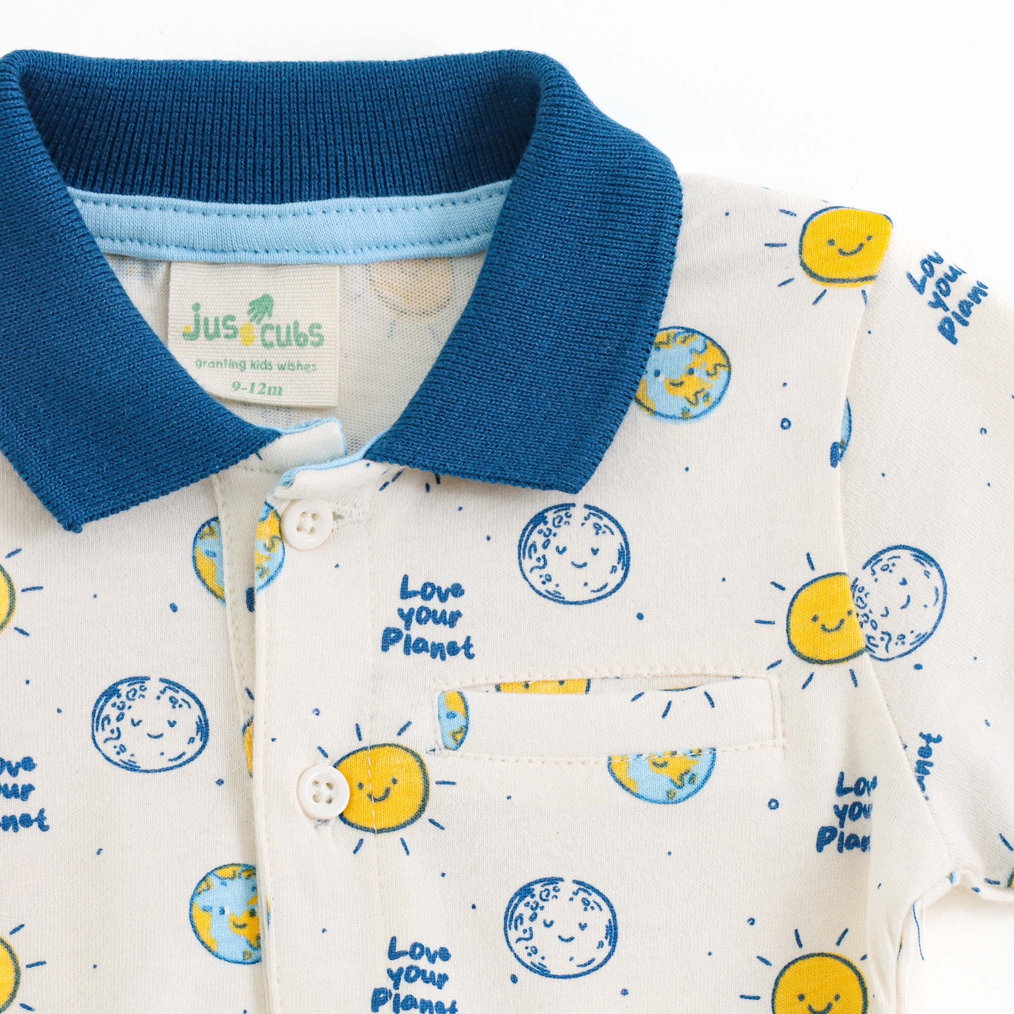 Boys Cream Space Print Cotton Polo T-Shirt with Blue Collar"