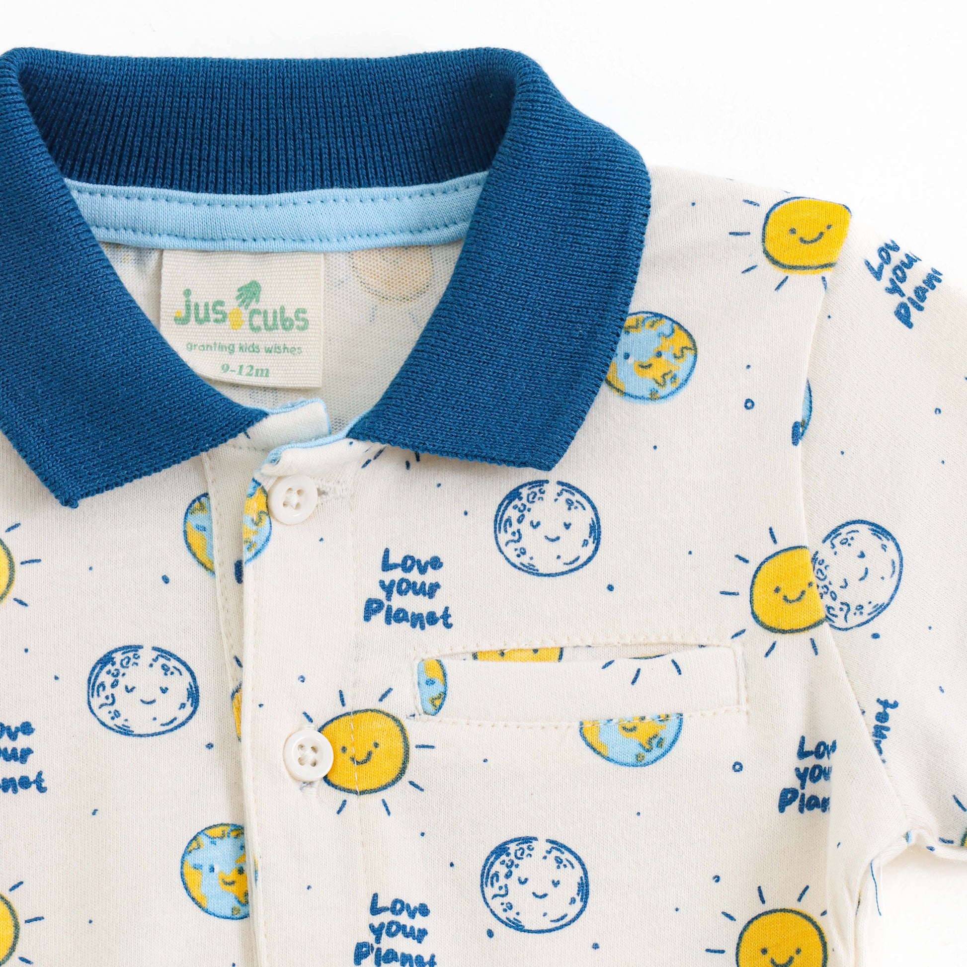 Boys Cream Space Print Cotton Polo T-Shirt with Blue Collar"