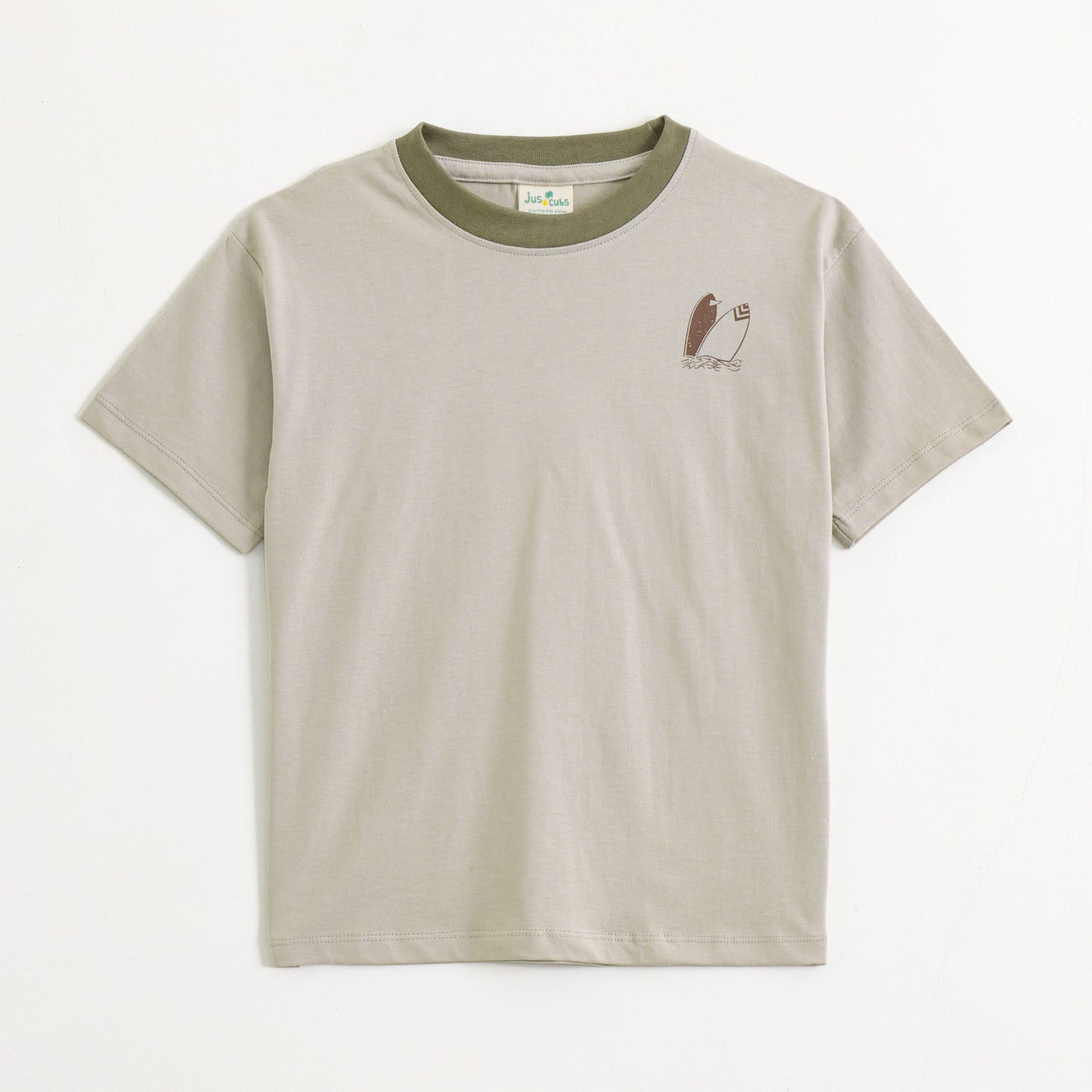 JusCubs Boys Beige Cotton T-Shirt with Surf & Palm Beach Back Print | Summer Casual Wear