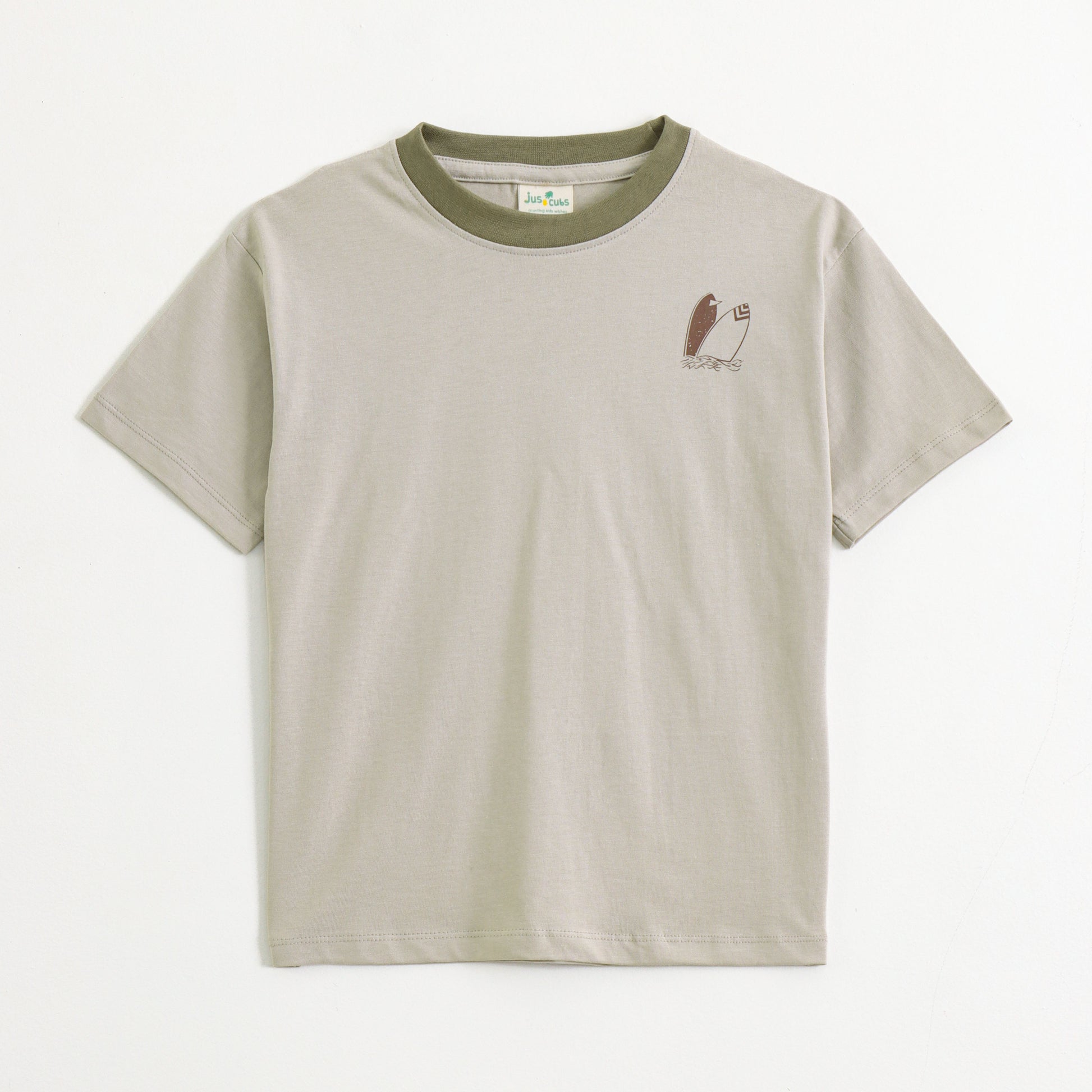 JusCubs Boys Beige Cotton T-Shirt with Surf & Palm Beach Back Print | Summer Casual Wear