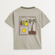 JusCubs Boys Beige Cotton T-Shirt with Surf & Palm Beach Back Print | Summer Casual Wear