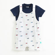 Baby Boys 2-Piece Dungaree Set – White Dog Print Romper with Navy T-Shirt