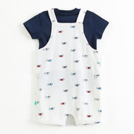 Baby Boys 2-Piece Dungaree Set – White Dog Print Romper with Navy T-Shirt