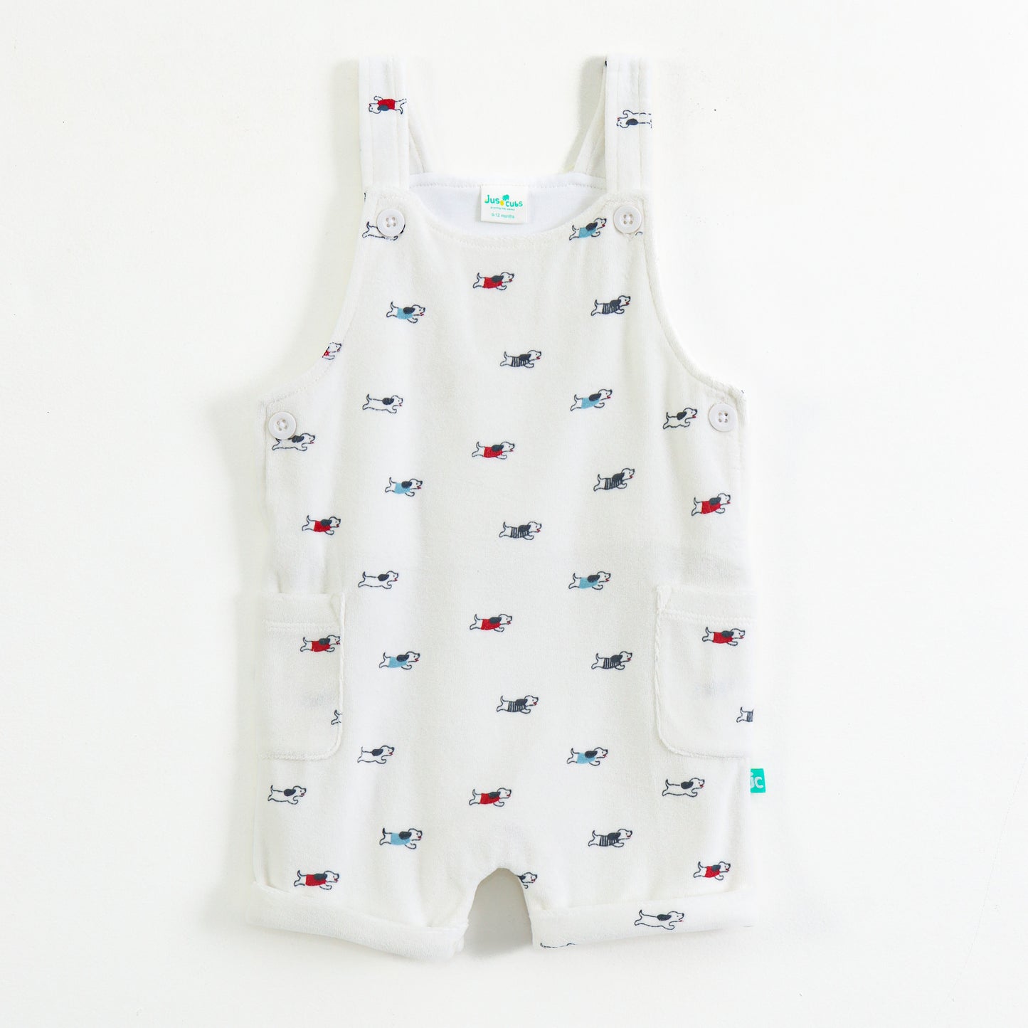 Baby Boys 2-Piece Dungaree Set – White Dog Print Romper with Navy T-Shirt