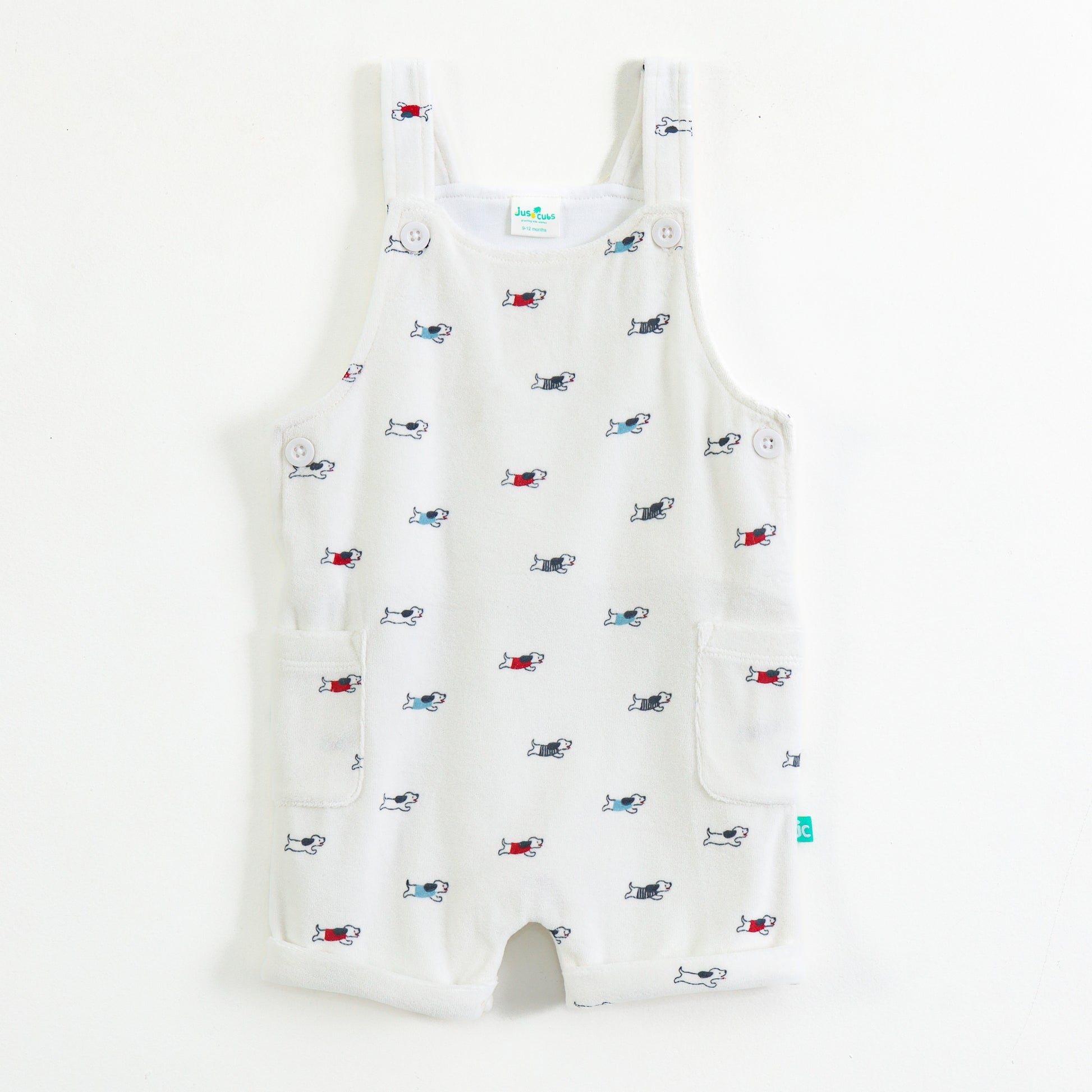 Baby Boys 2-Piece Dungaree Set – White Dog Print Romper with Navy T-Shirt