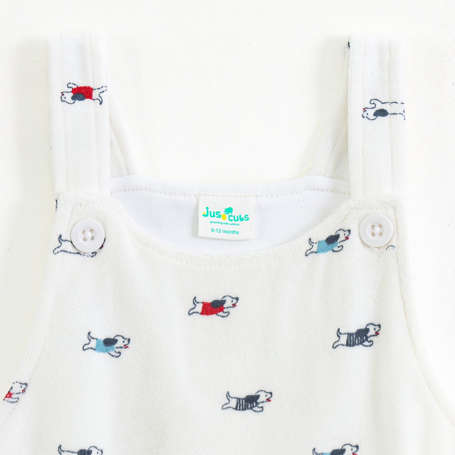Baby Boys 2-Piece Dungaree Set – White Dog Print Romper with Navy T-Shirt