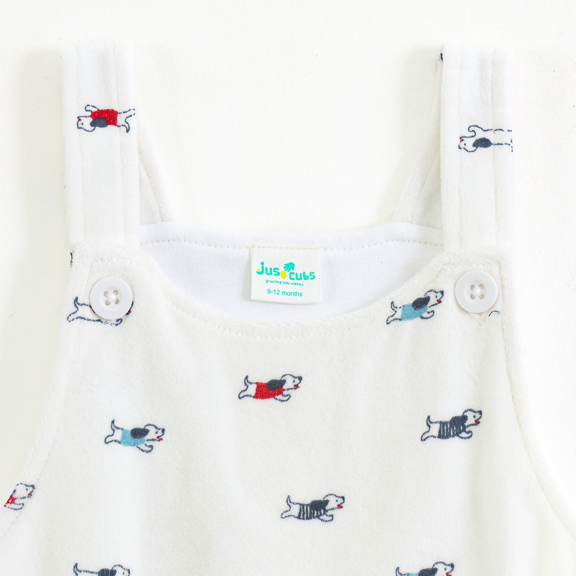 Baby Boys 2-Piece Dungaree Set – White Dog Print Romper with Navy T-Shirt