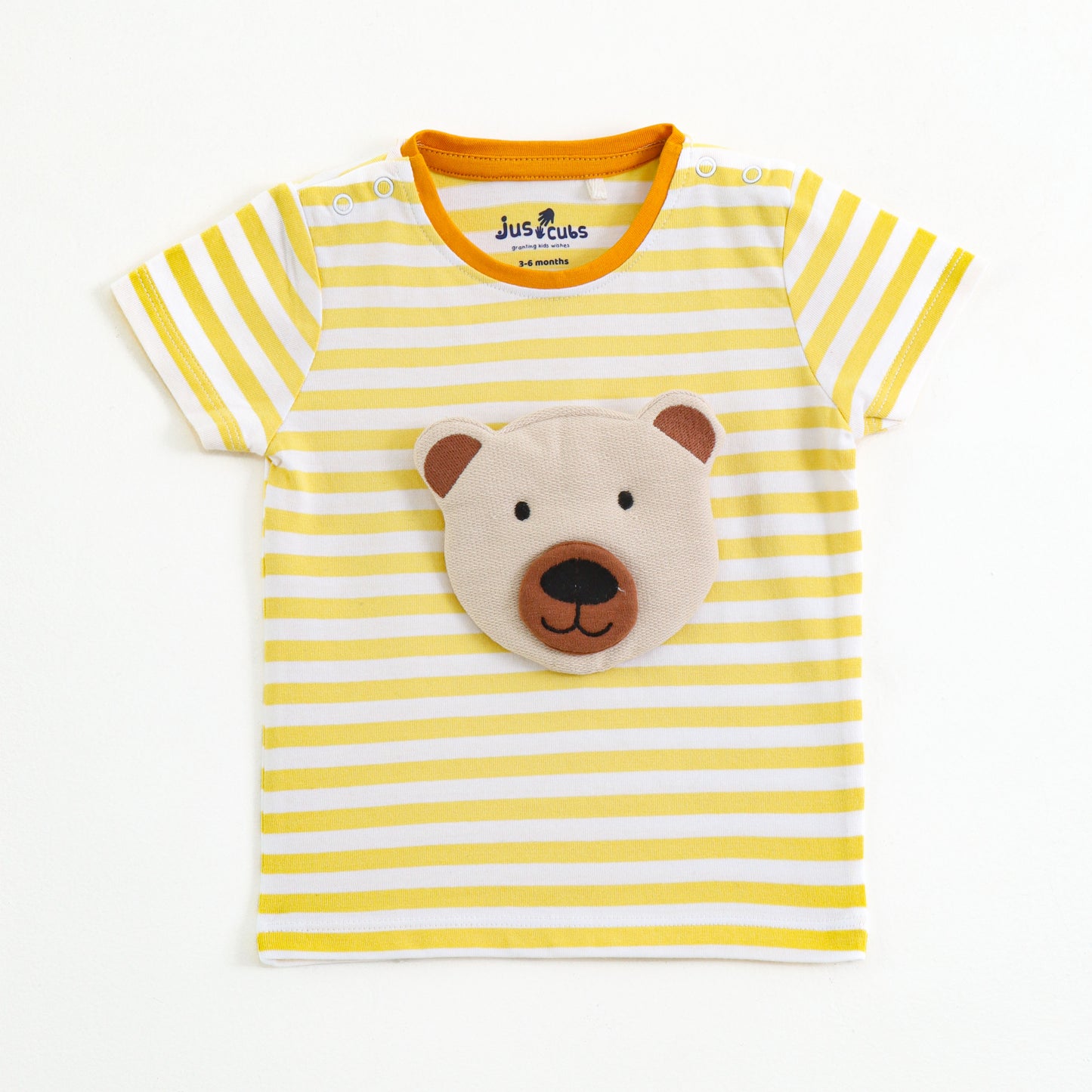 Infant Boys Yellow Stripe Cotton Co-Ord Set with Bear Applique | T-Shirt & Bottom Wear