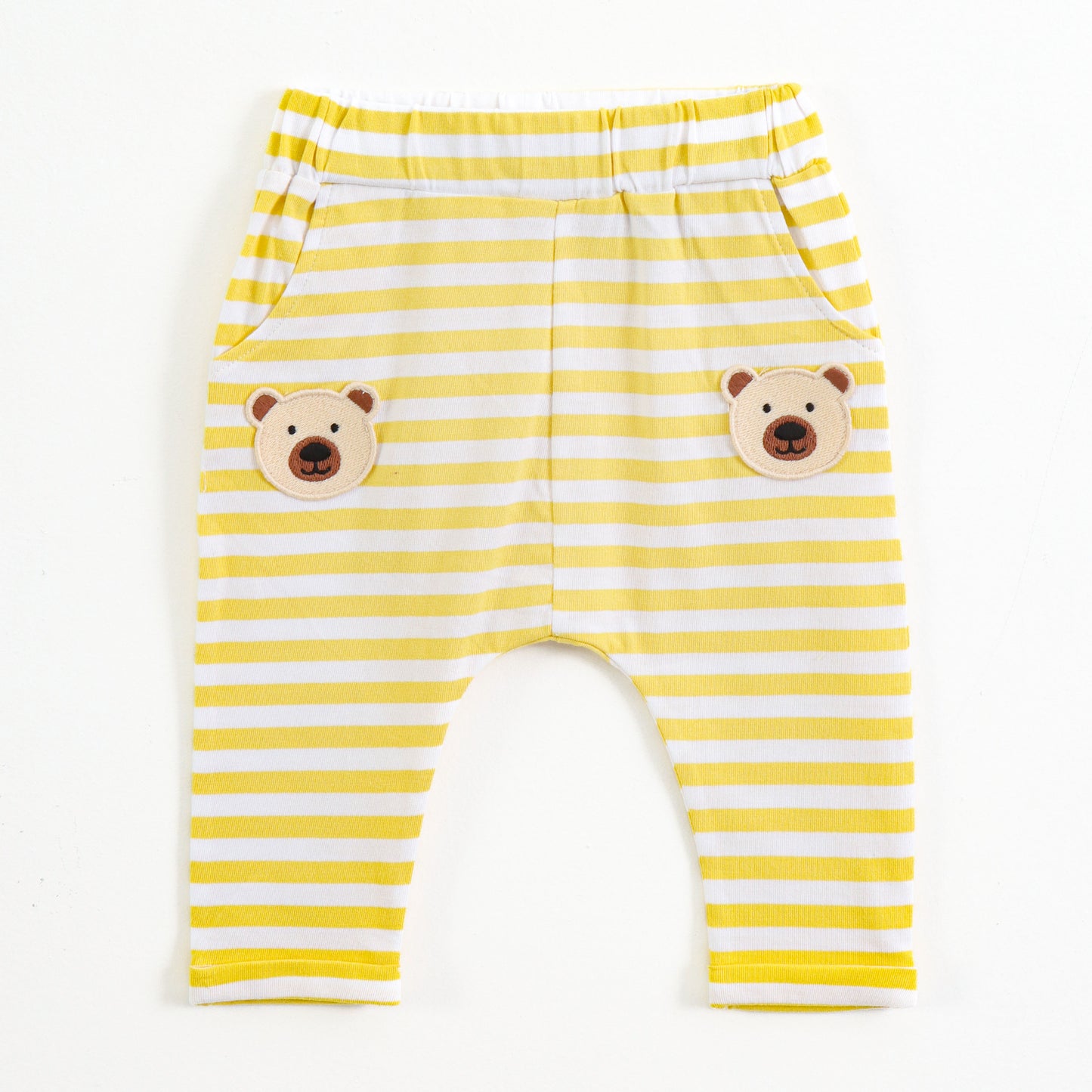 Infant Boys Yellow Stripe Cotton Co-Ord Set with Bear Applique | T-Shirt & Bottom Wear