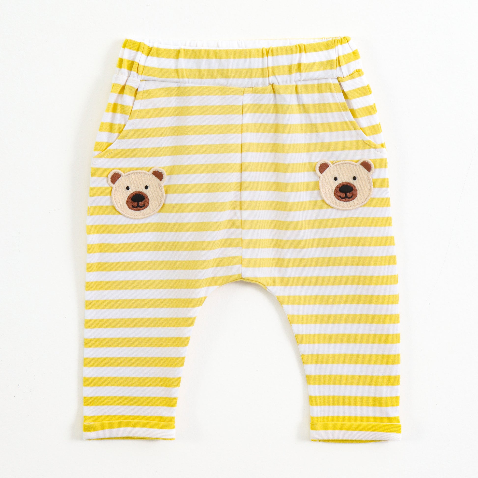 Infant Boys Yellow Stripe Cotton Co-Ord Set with Bear Applique | T-Shirt & Bottom Wear