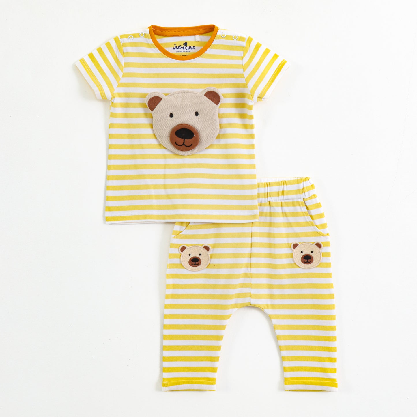 Infant Boys Yellow Stripe Cotton Co-Ord Set with Bear Applique | T-Shirt & Bottom Wear