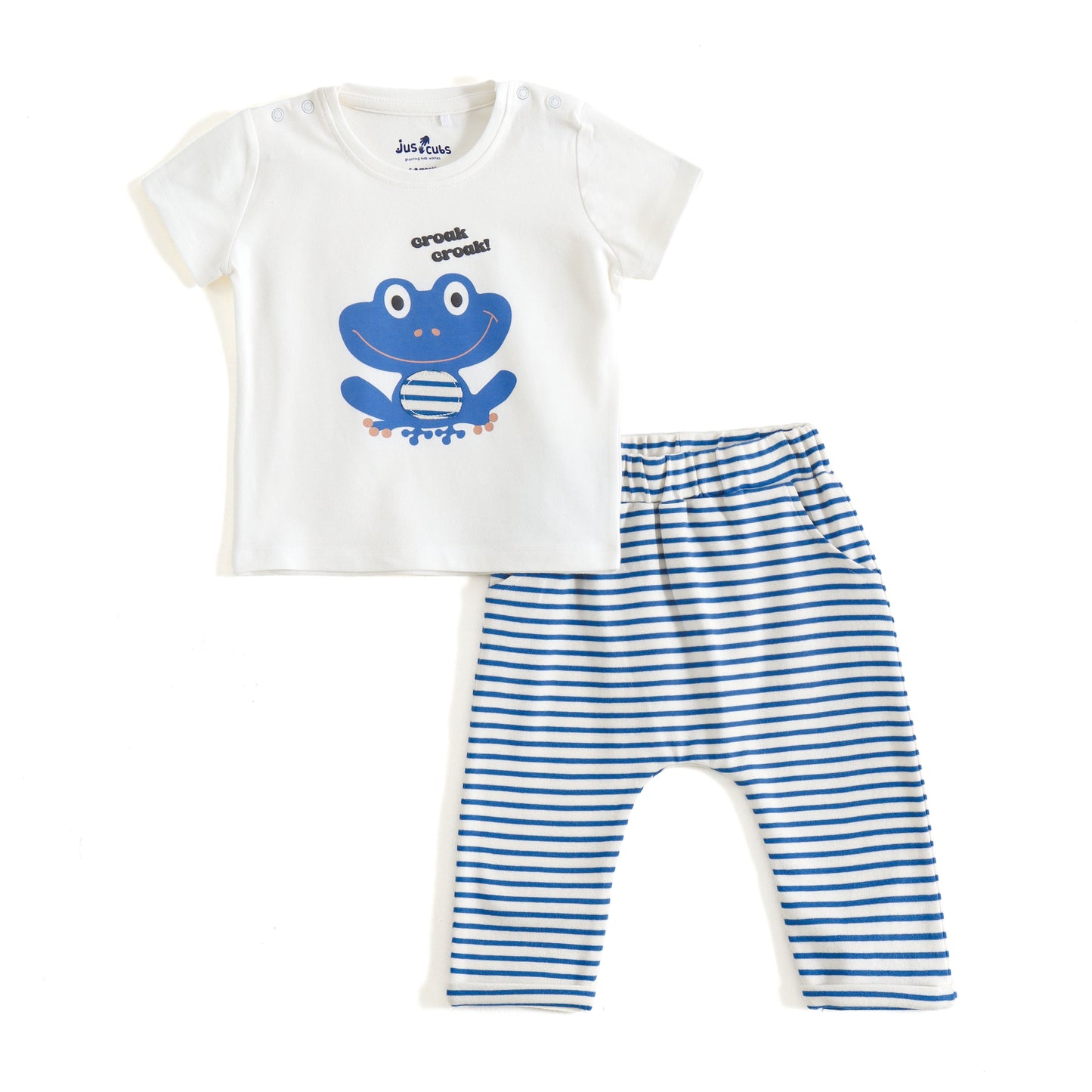 JusCubs Baby Boys Frog Graphic Printed T-Shirt & Striped Pants Co-Ord Set
